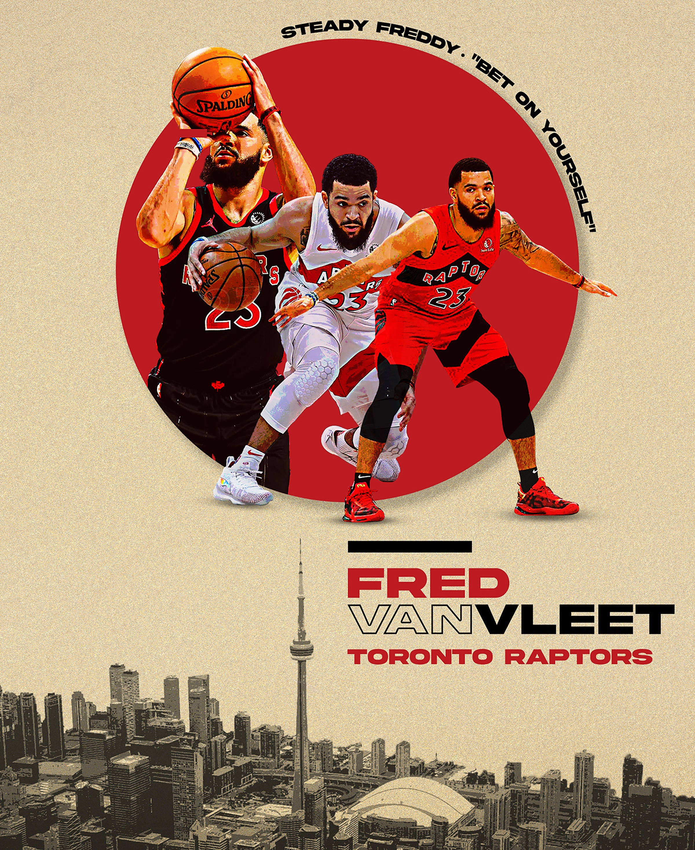 Fred Vanvleet 桌布 壁紙 — 三位多倫多暴龍隊籃球運動員以動態姿勢出現在黑白城市景觀之上，其中包含CN塔。