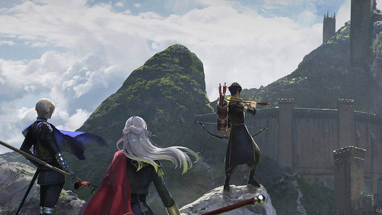 三位奇幻冒險者在懸崖上，俯瞰著城堡和山脈。 — Fire Emblem Warriors 壁紙