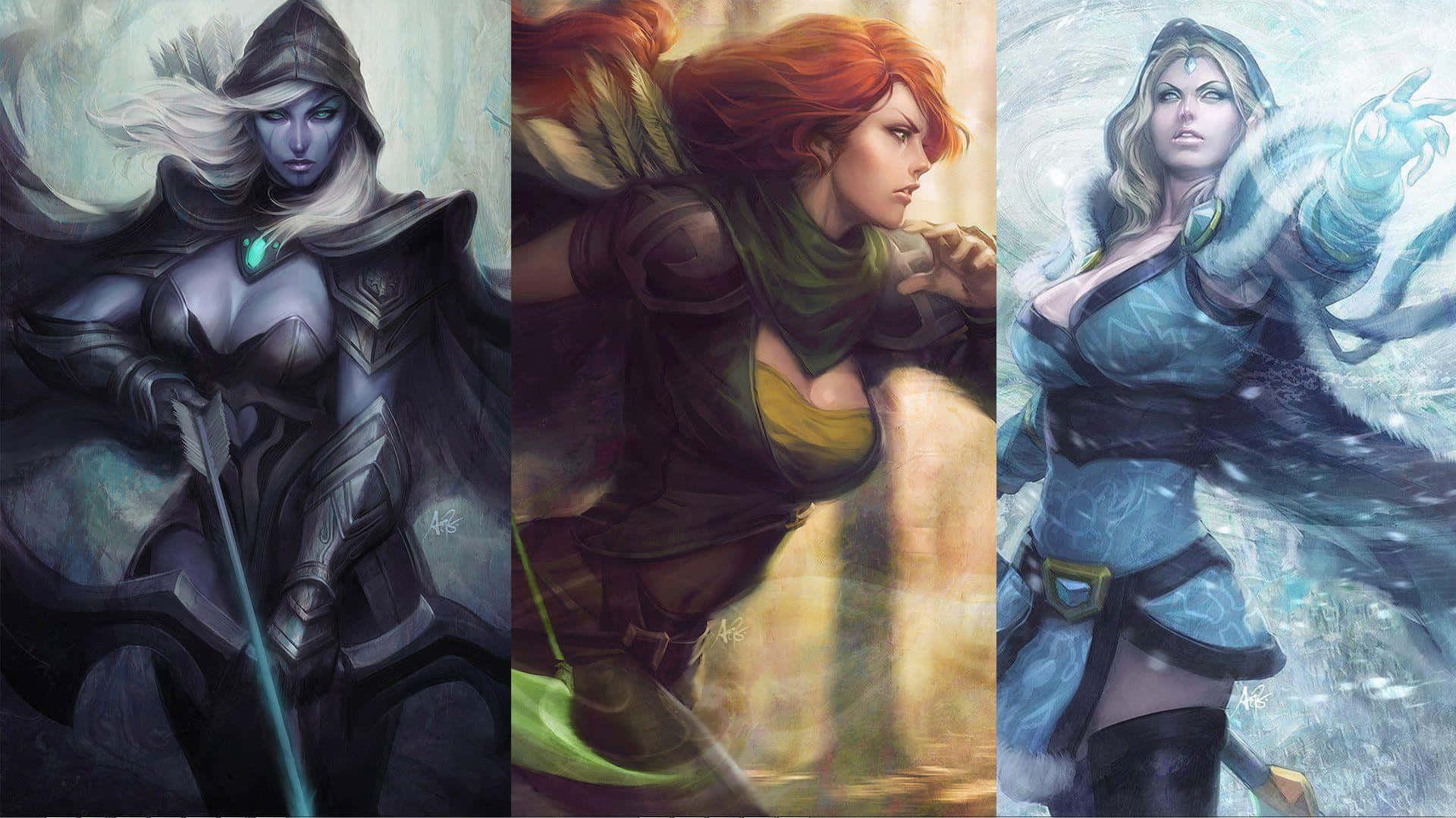 Crystal Maiden 桌布 壁紙 — 三位奇幻女戰士以動態姿勢各自揮舞魔法武器，背景虛幻縹緲。