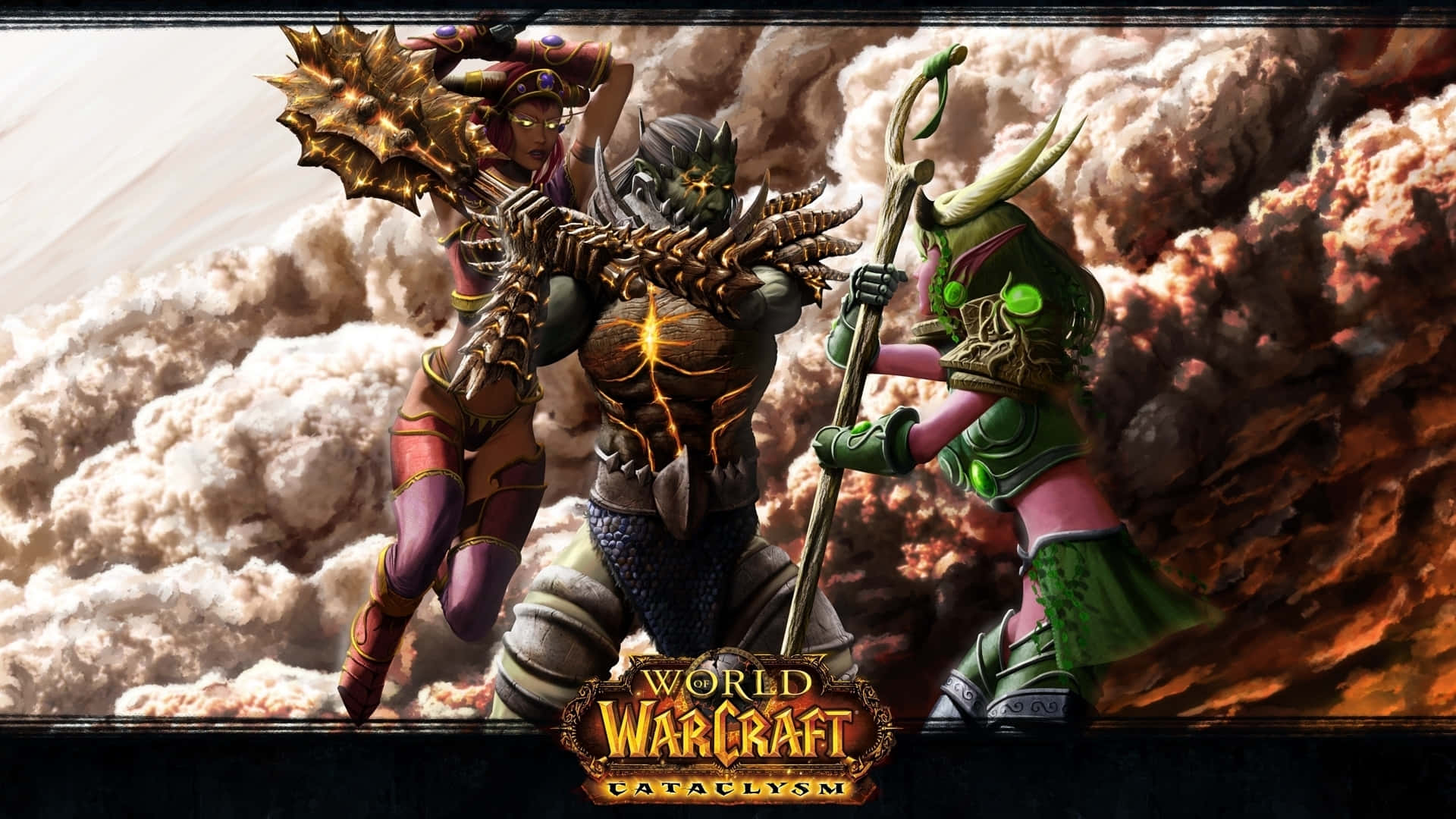 World Of Warcraft 1920x1080 桌布 壁紙 — 三位奇幻戰士在 swirling 雲霧中交鋒，構成《魔獸世界：浩劫與重生》的戲劇性場景。