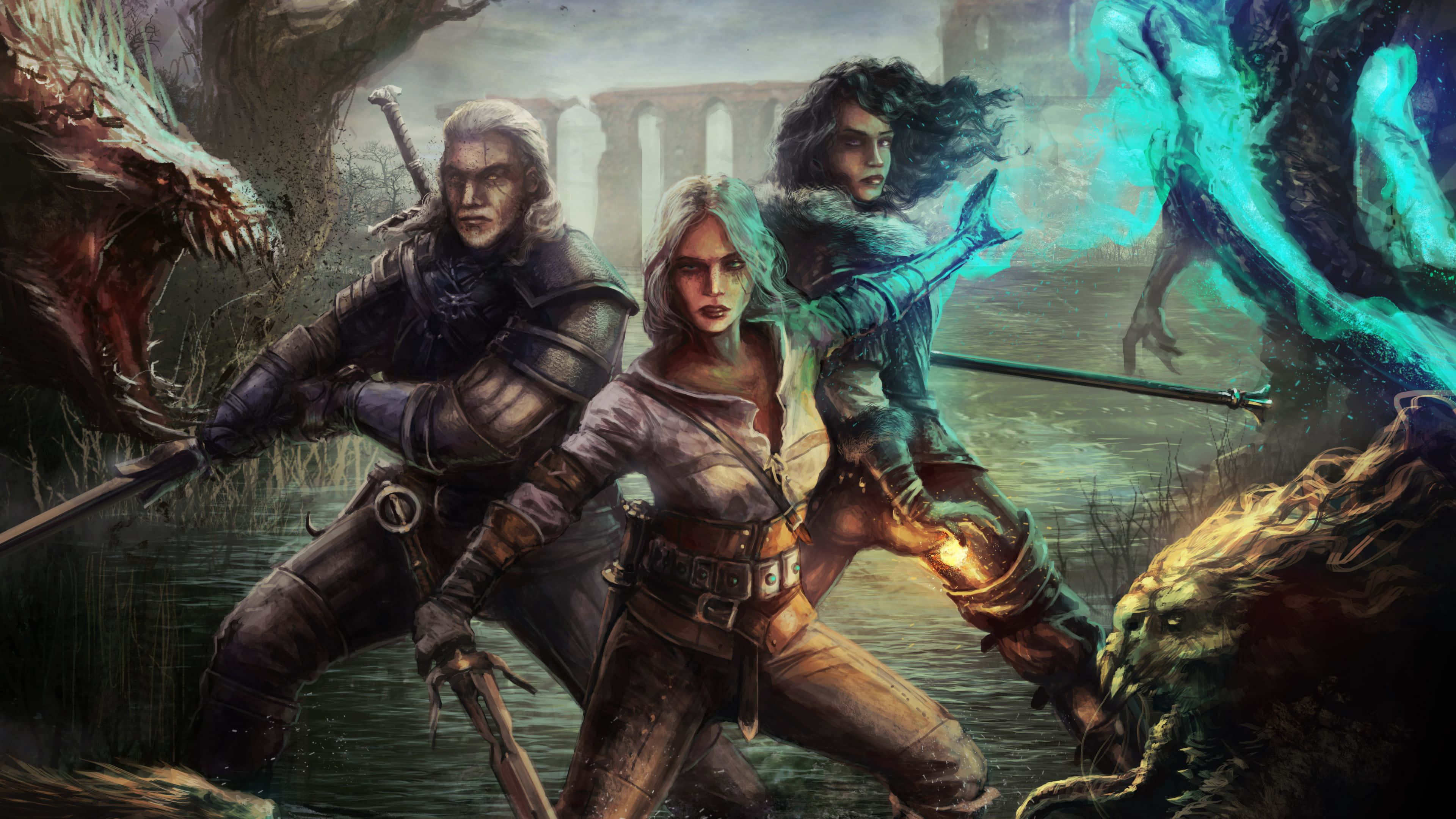The Witcher 3 Wild Hunt 桌布 壁紙 — 三位奇幻戰士在黑暗沼澤森林中與怪獸戰鬥，背景有發光的藍色魔法和古代遺跡。