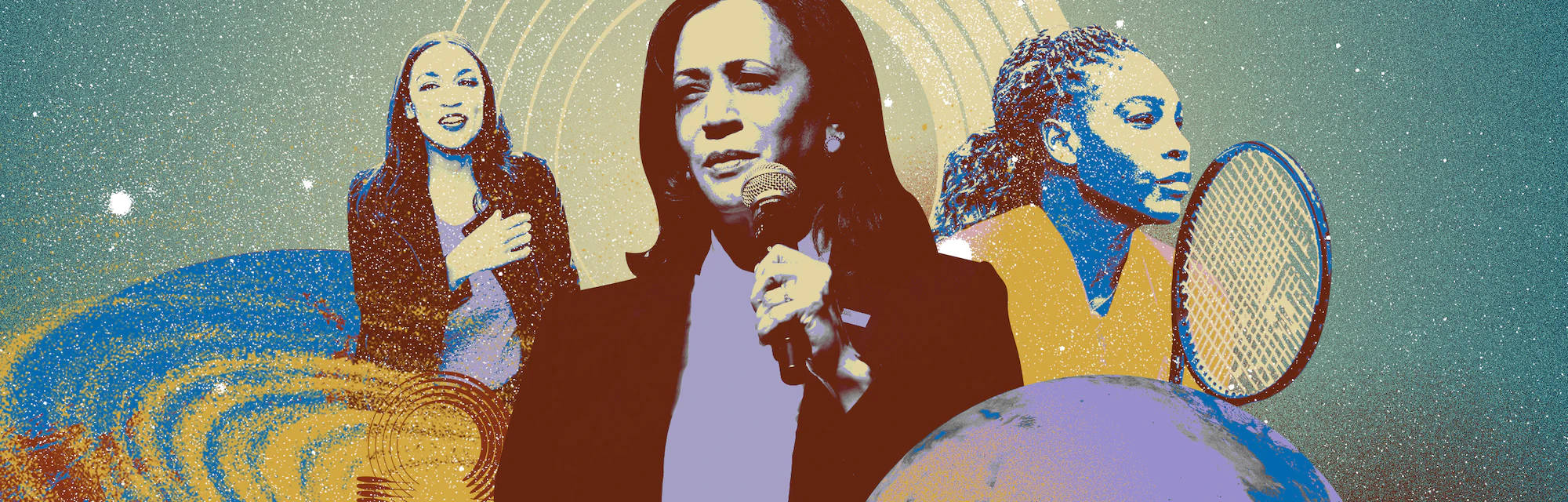 Kamala Harris 桌布 壁紙 — 三位女性在宇宙漩渦背景下的風格化肖像，配有麥克風和網球拍。