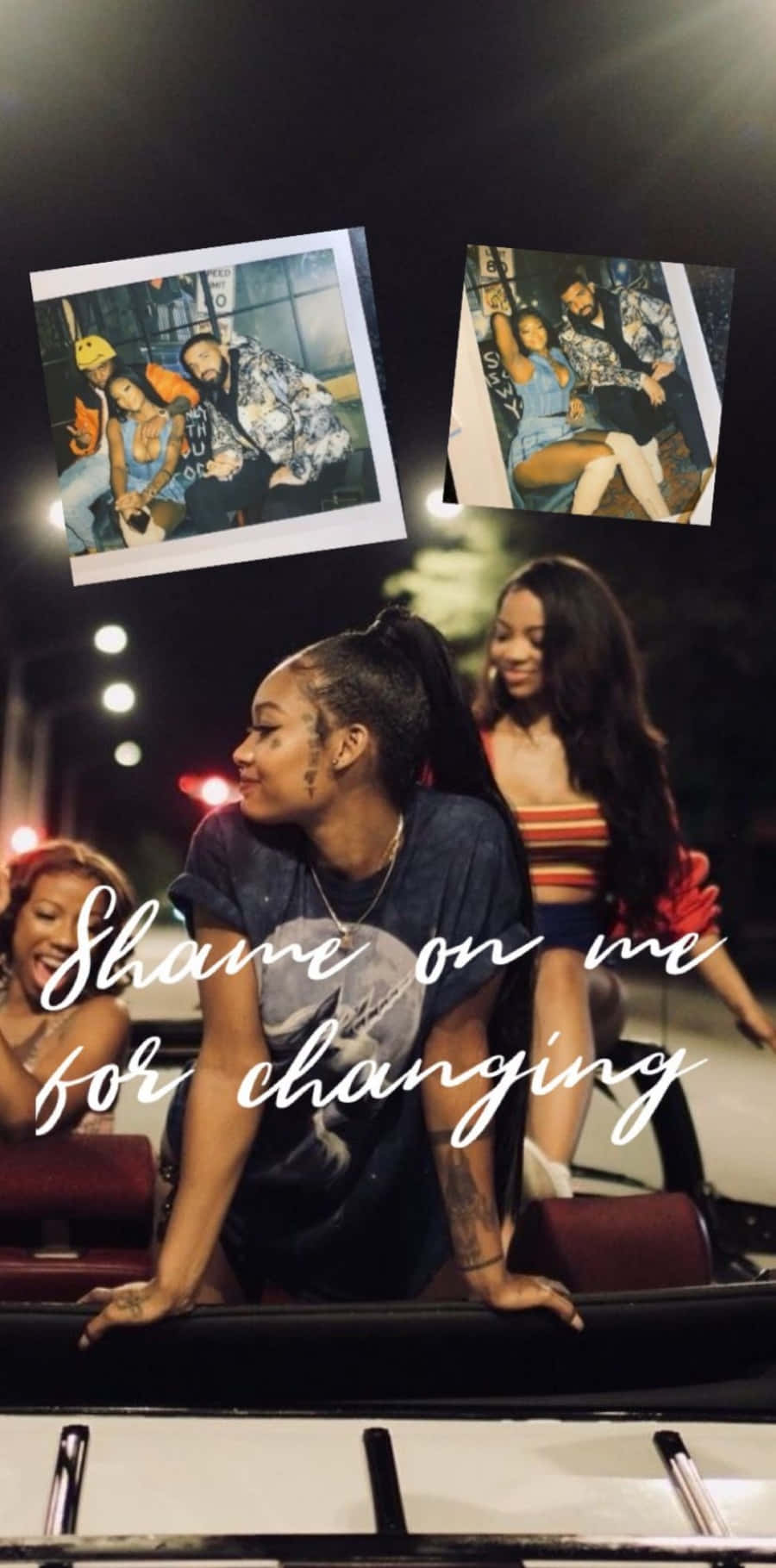 Summer Walker 桌布 壁紙 — 三位女性在燈光昏暗的場地中一起大笑，周圍漂浮著拍立得照片和手寫文字疊加。