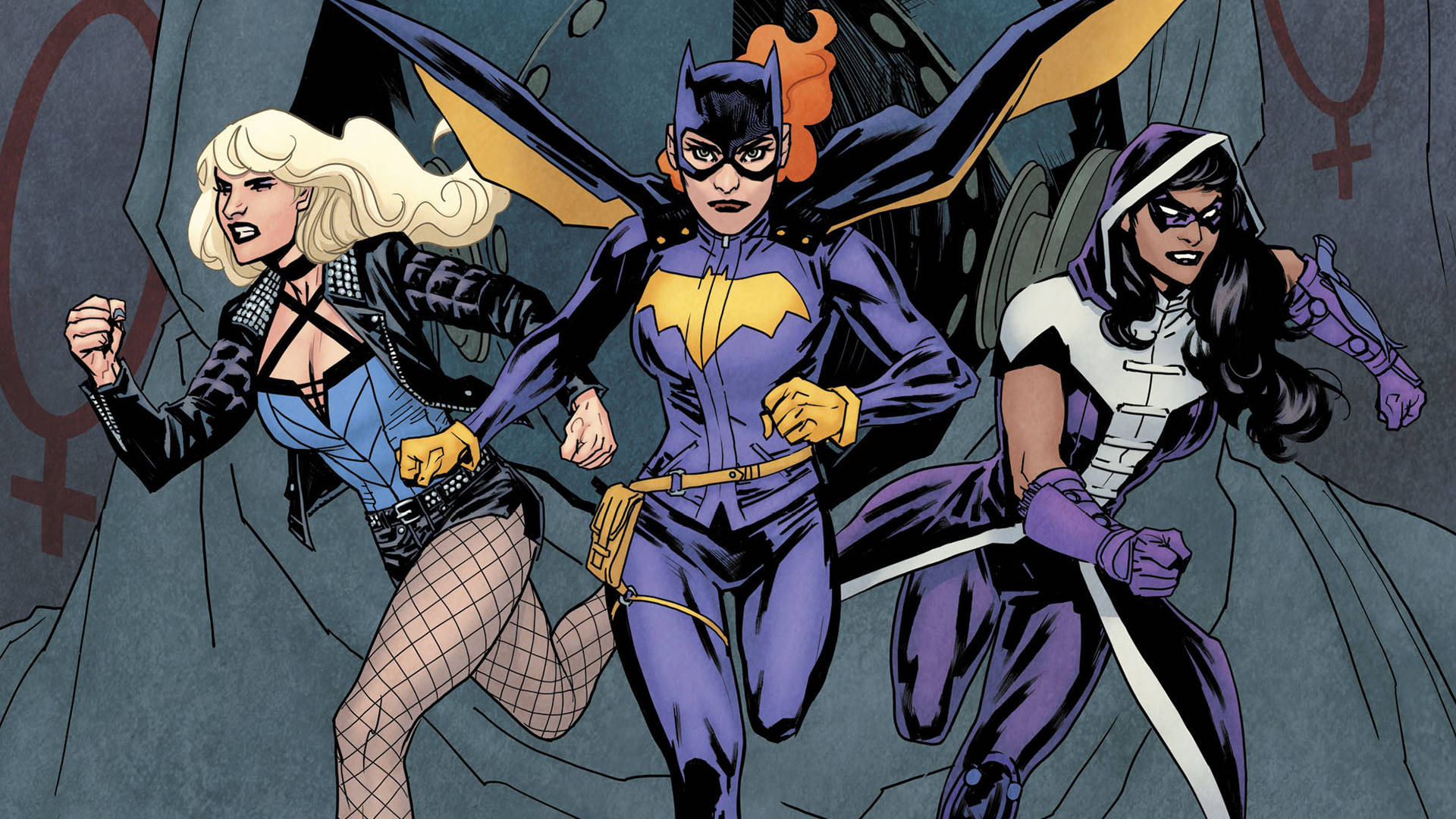 Black Canary 桌布 壁紙 — 三位女性超級英雄以動態動作姿勢呈現，採用大膽的漫畫藝術風格和黑暗粗糙的背景。