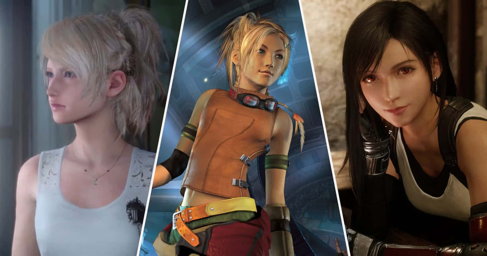 Final Fantasy Characters 桌布 壁紙 — 三位女性電子遊戲角色，擁有不同的髮型和服裝，在風格化的背景前擺姿勢。