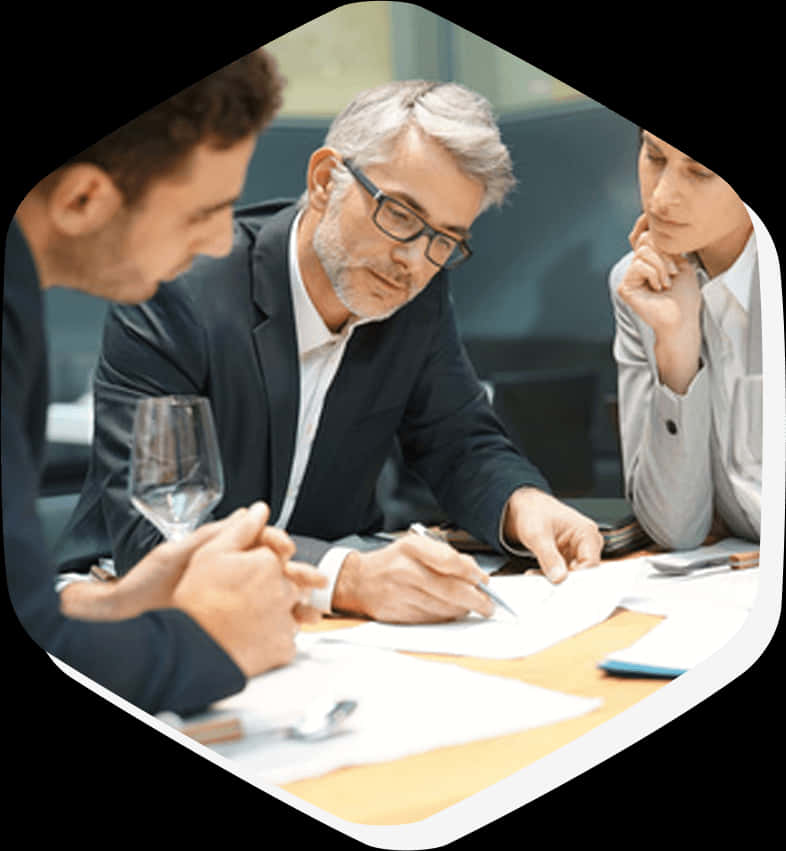 Brainstorming 桌布 壁紙 — 三位專業人士穿著商務服裝，在現代辦公室圍著木桌專注協作審閱文件。