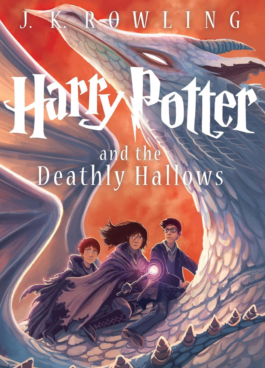 The Deathly Hallows 桌布 壁紙 — 三位巫師騎著一條巨龍，在熾熱的橙色天空下，構成戲劇性的奇幻插畫。
