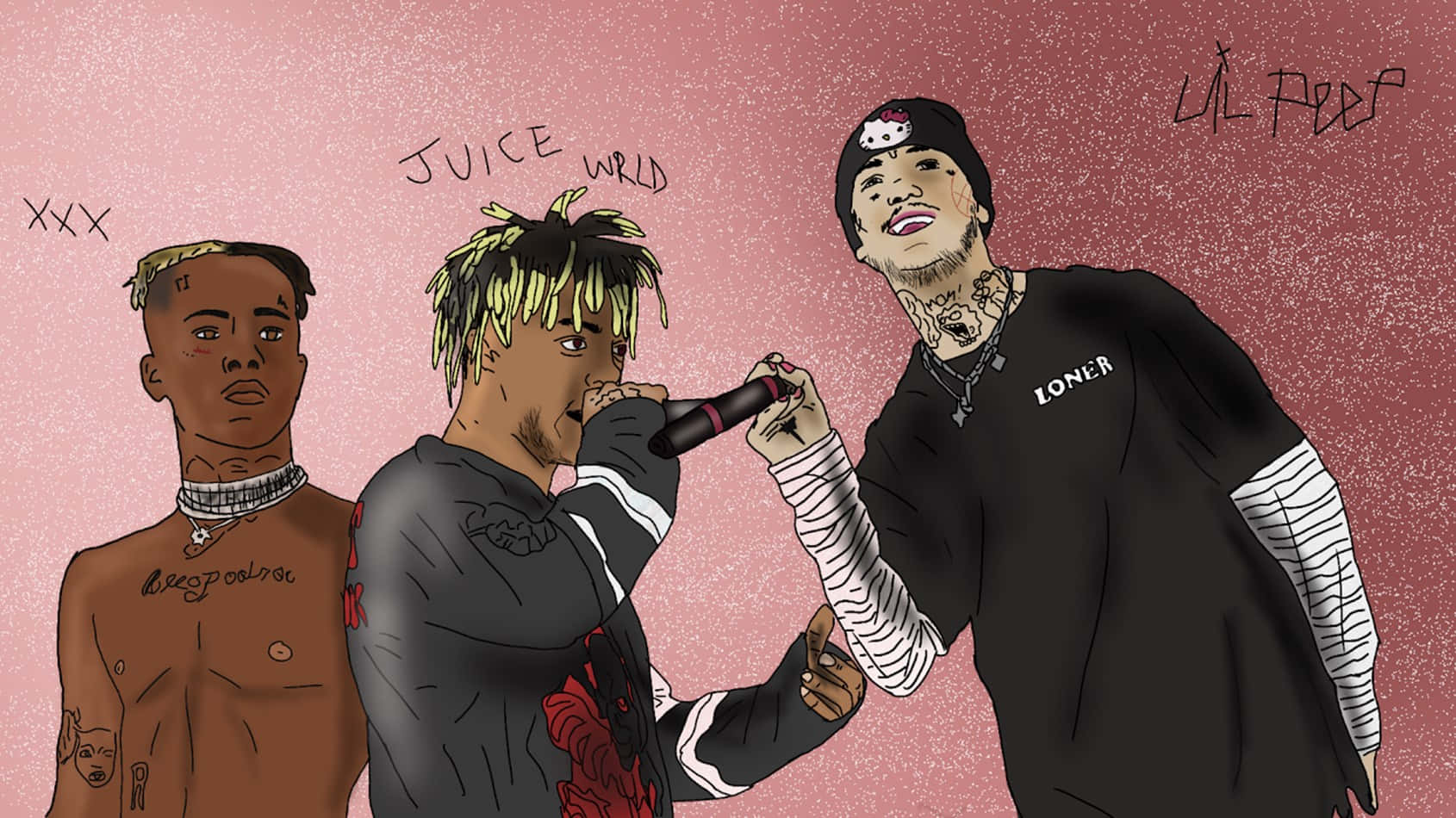 三位帶有刺青和麥克風的插畫嘻哈藝術家，背景為粉紅色。 — Juice Wrld 壁紙