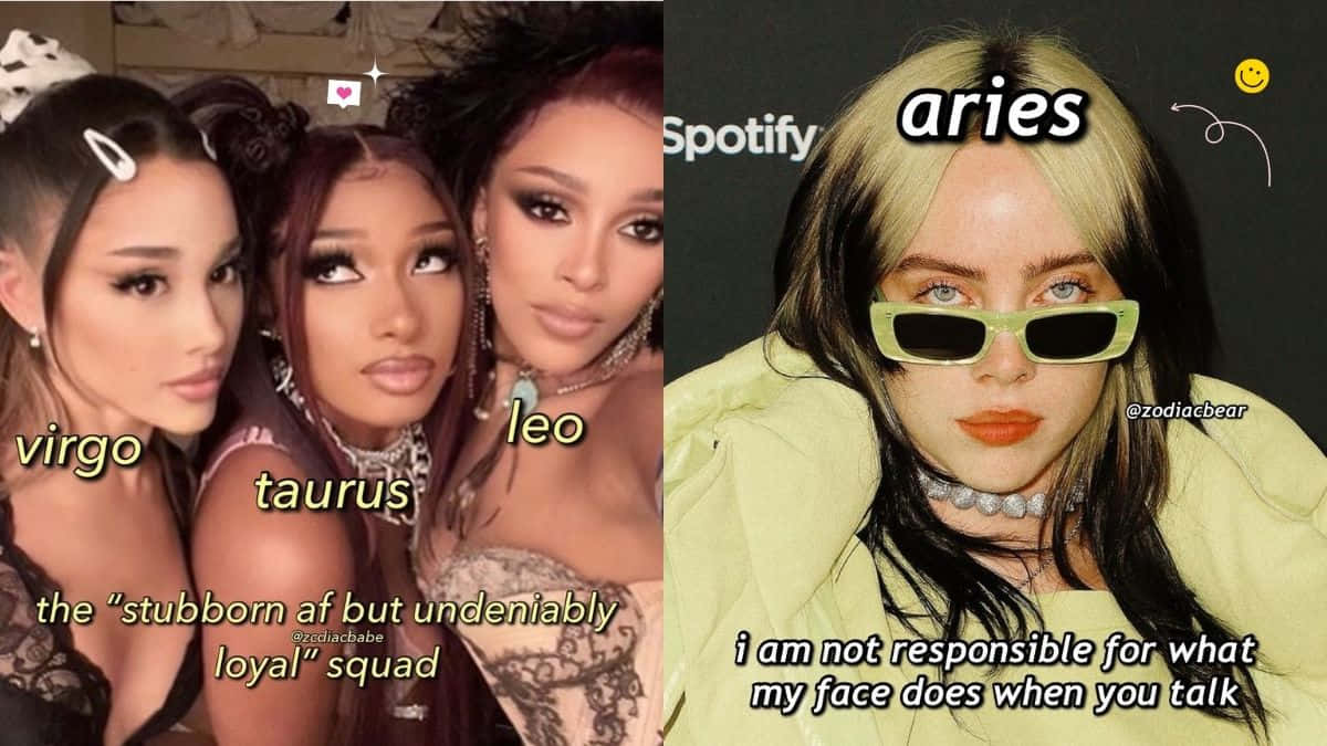 Funny Meme Profile 桌布 壁紙 — 三位帶有星座標籤的女性在 Billie Eilish 的照片旁邊擺姿勢，照片上有「aries」文字和笑臉。