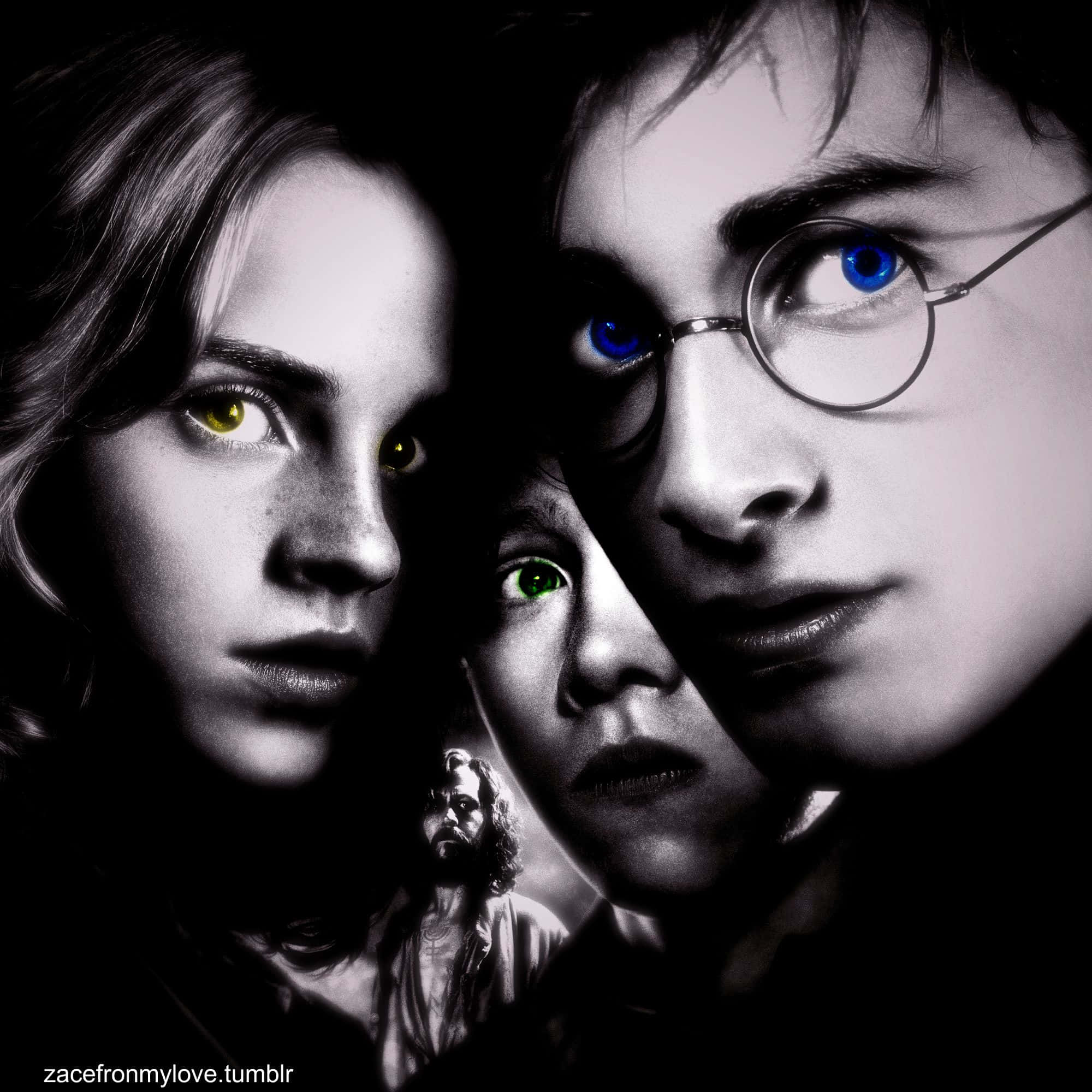 Harry Potter Black And White 桌布 壁紙 — 三位年輕巫師眼睛發光，在黑暗背景前凝視，身後有一個模糊的鬼影。