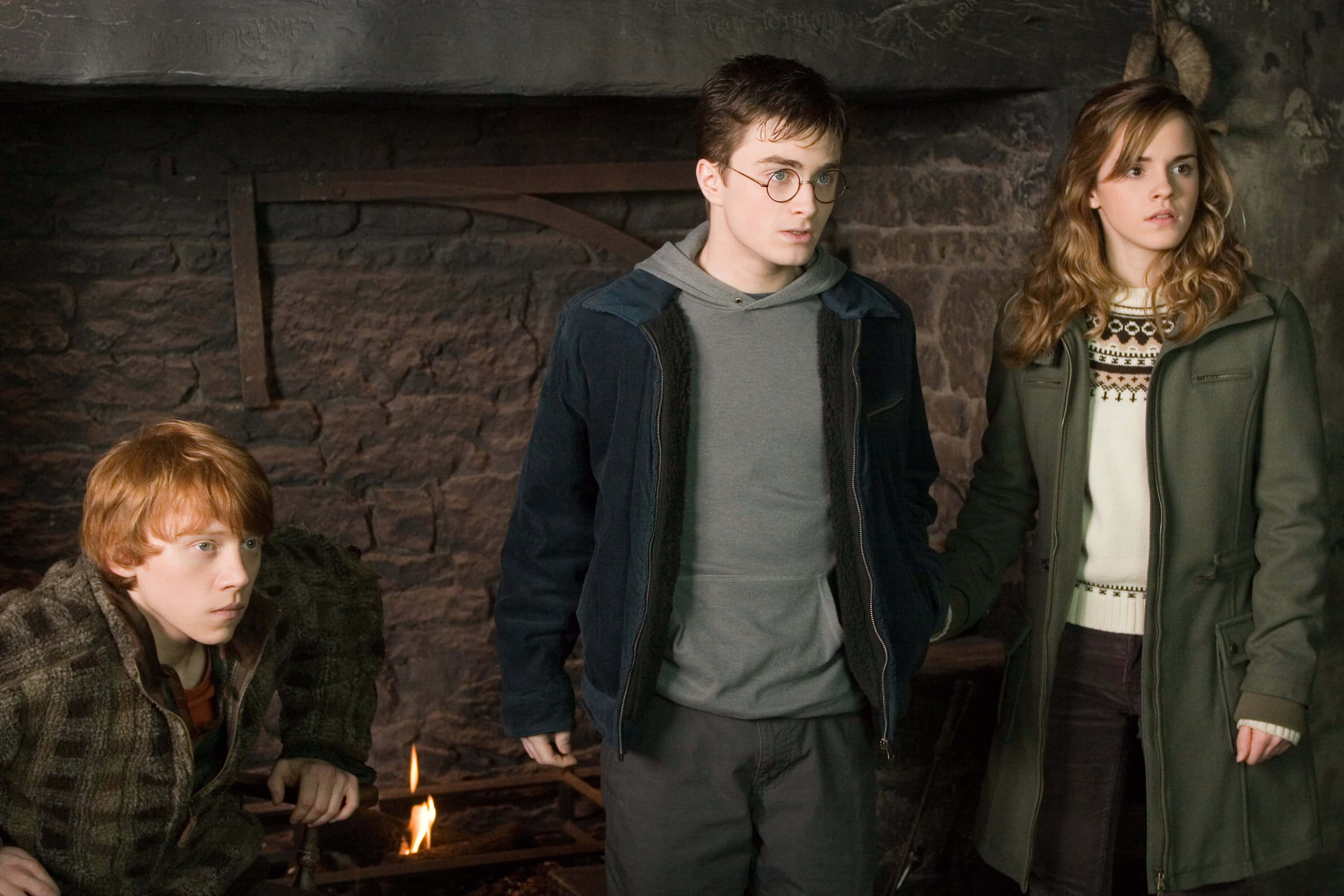 The Order Of Phoenix 桌布 壁紙 — 三位年輕巫師站在一個石牆房間裡，身後有劈啪作響的壁爐，他們看起來警覺而擔憂。