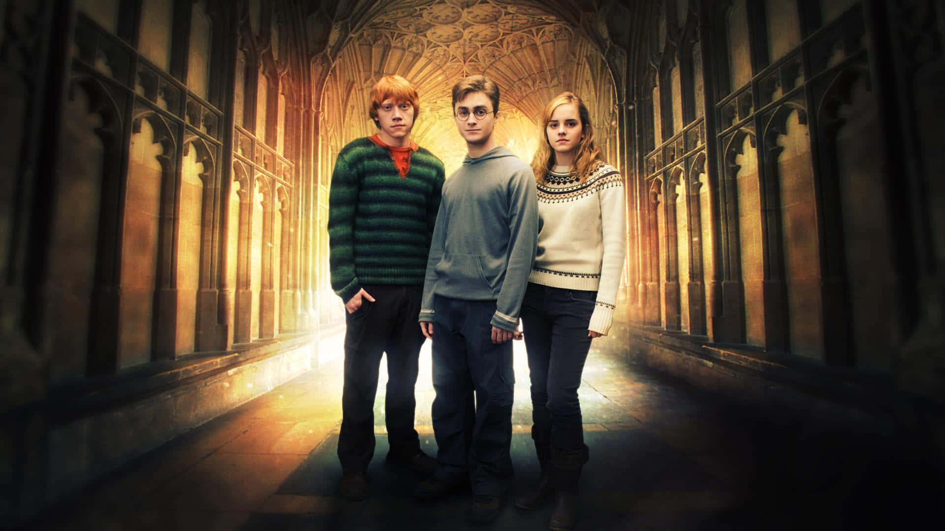 Dumbledore's Army 桌布 壁紙 — 三位年輕巫師站在一條宏偉的哥德式走廊中，沐浴在來自後方的溫暖金色光芒裡。