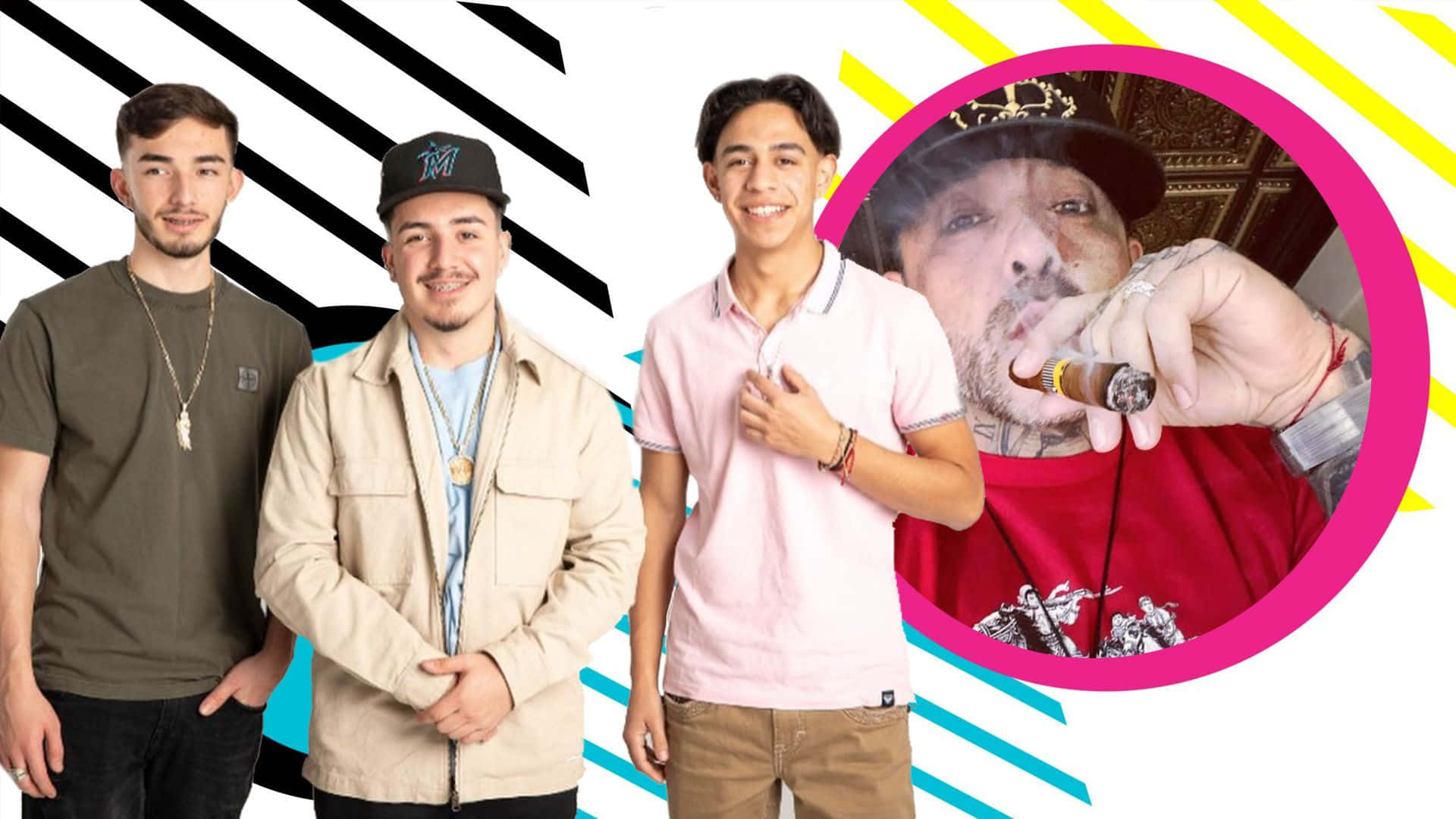 Eslabon Armado 桌布 壁紙 — 三位年輕男子在鮮明的幾何背景前擺姿勢，背景中有一個圓形嵌入圖，圖中是一名男子在抽雪茄。