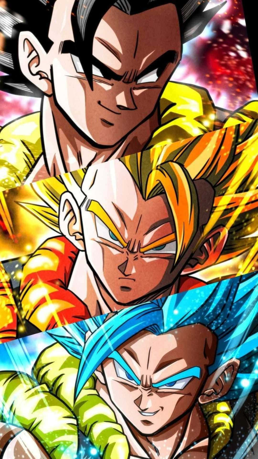 Saiyan 桌布 壁紙 — 三位強大的動漫戰士，擁有尖刺頭髮和發光光環，在宇宙星空背景下戰鬥。