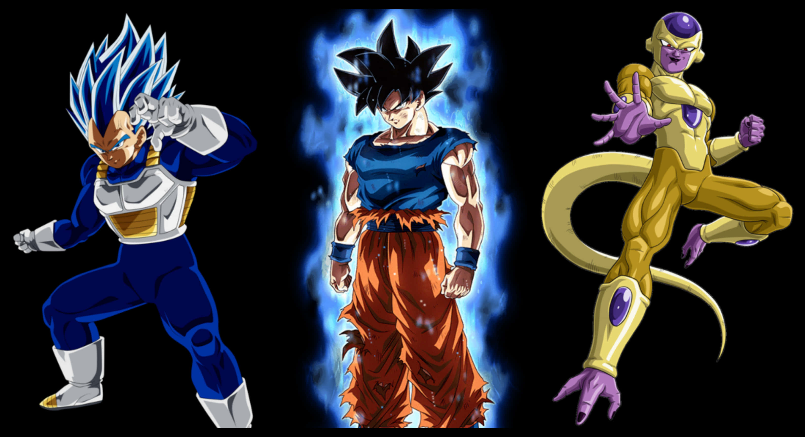Vegeta And Frieza 桌布 壁紙 — 三位強大的動漫戰士在黑暗背景下蓄勢待發，伴隨著發光的能量效果。