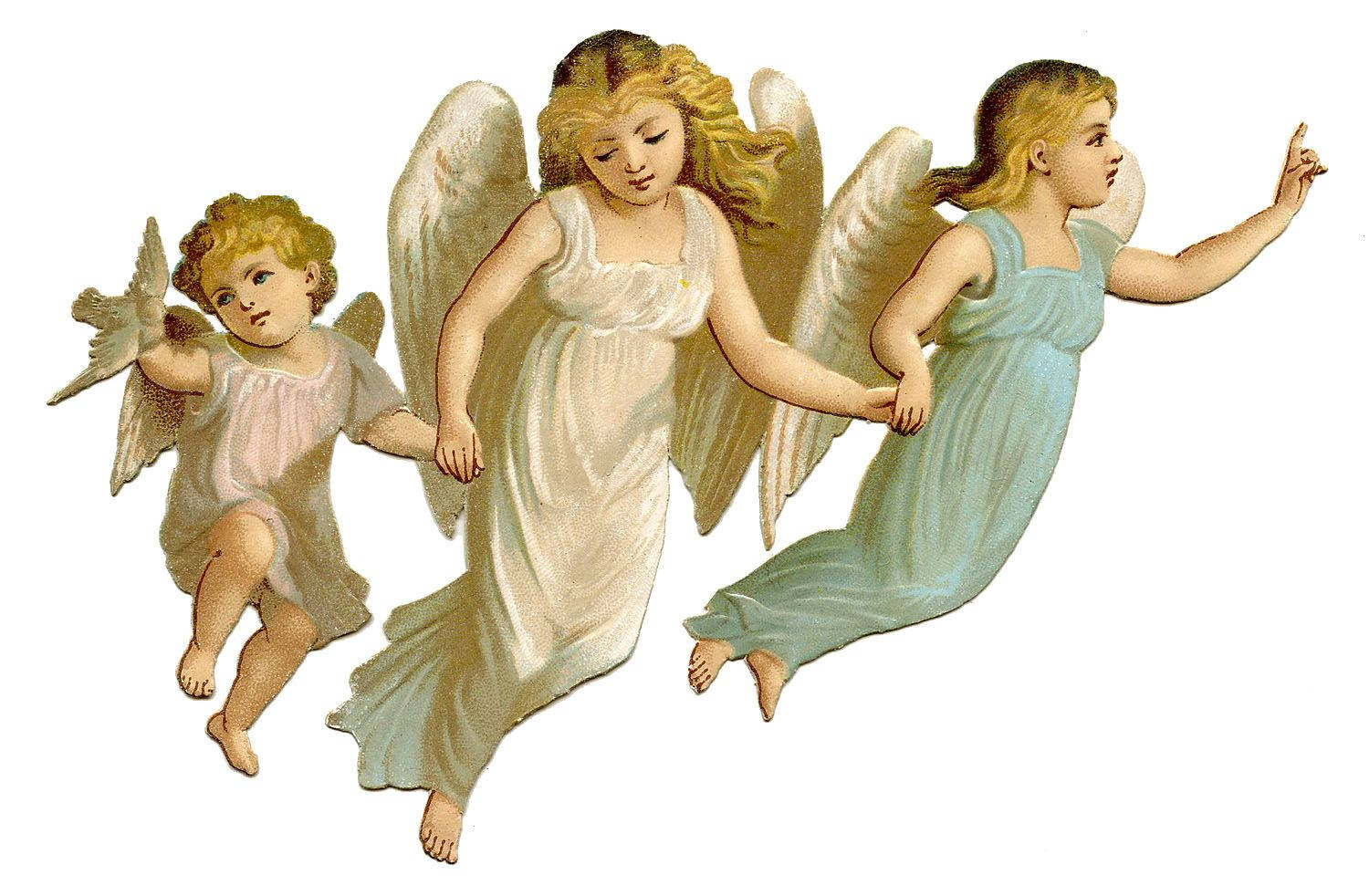 angels 桌布 壁紙 — 三位復古風格的天使展開翅膀，在純白背景上優雅飄浮，身穿奶油色和淺藍色的飄逸長袍。