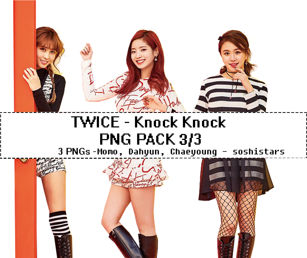 twice 桌布 壁紙 — 三位微笑的K-pop偶像在黑色背景和橙色柱子前擺出俏皮的姿勢，穿著時尚的服裝和靴子。
