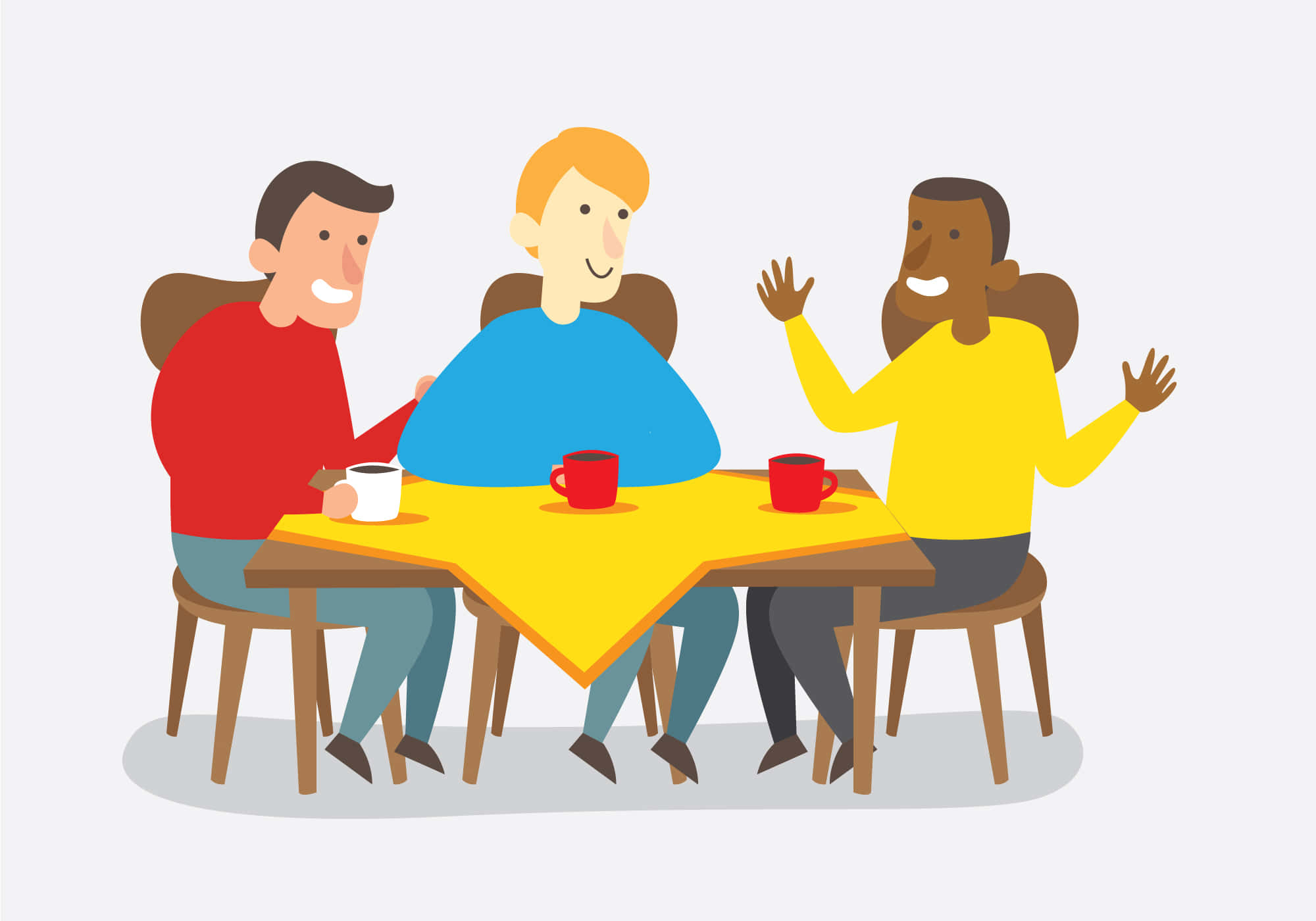 Talking 桌布 壁紙 — 三位微笑的朋友在明亮的卡通插圖中，在黃色桌子旁喝咖啡聊天。