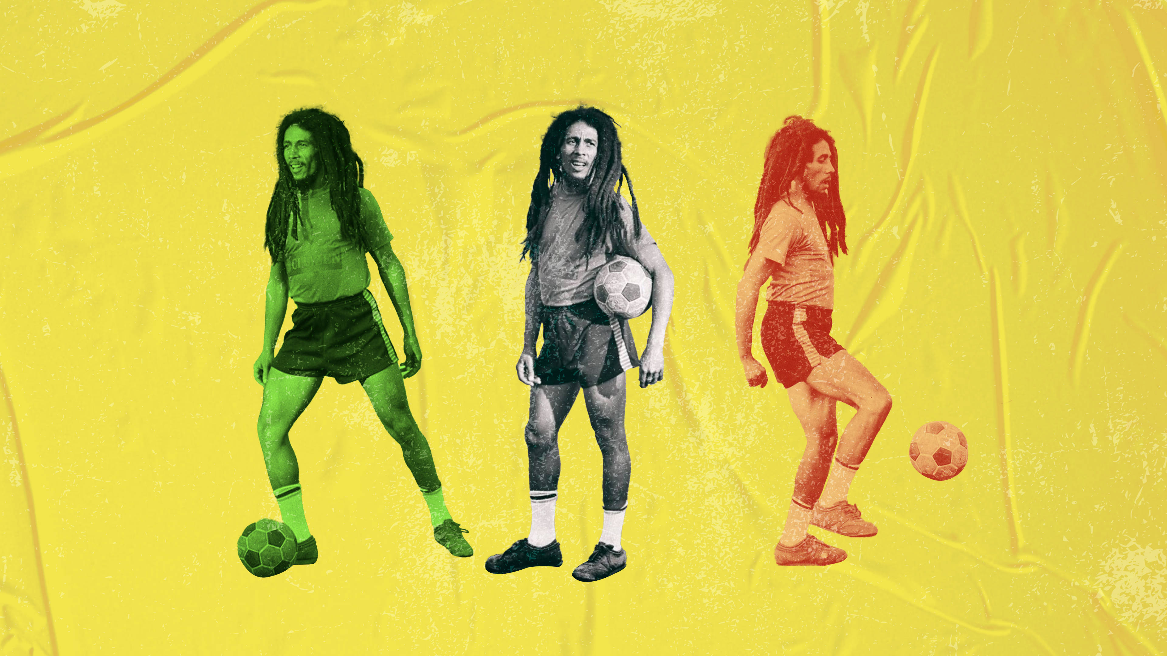 Bob Marley 桌布 壁紙 — 三位快樂的足球員，留著辮子，在紋理黃色背景上呈現鮮豔的色彩漸變。