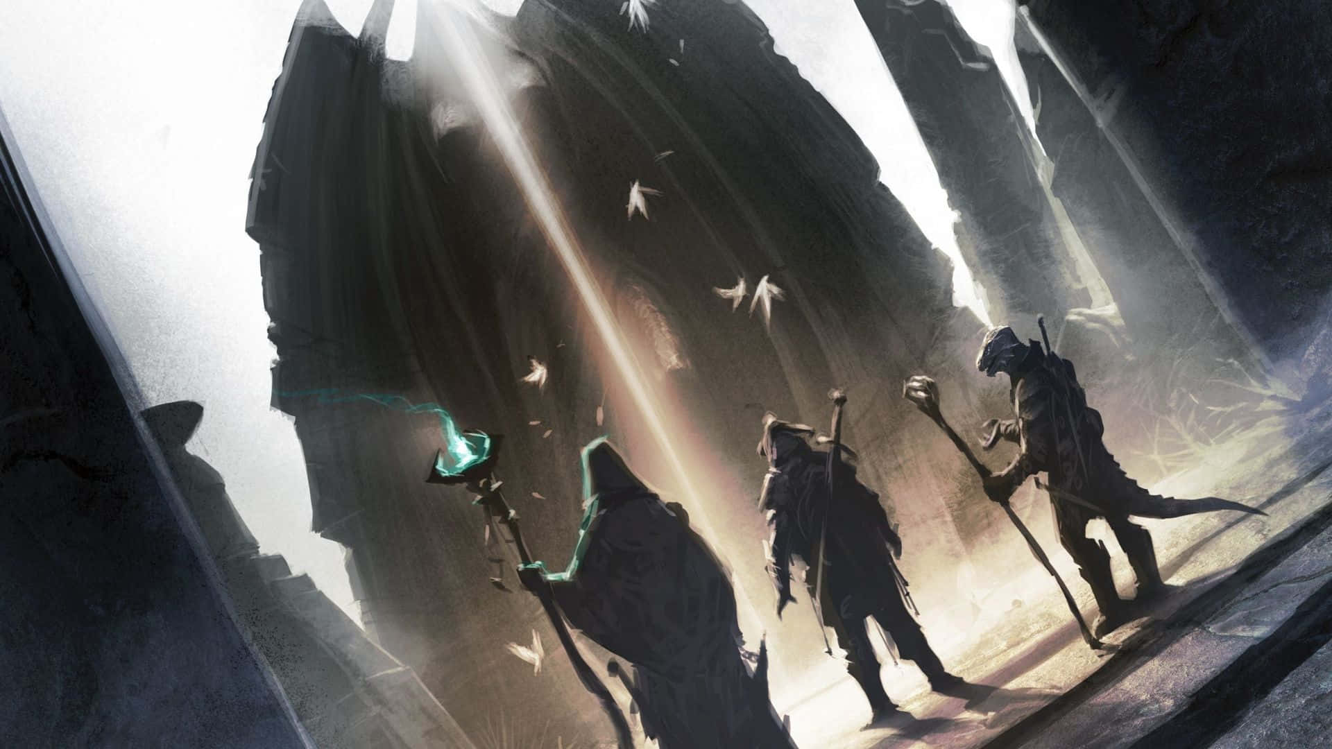 Skyrim Mage 桌布 壁紙 — 三位戴著兜帽的冒險者手持發光法杖，穿過高聳的迷霧峽谷，陽光穿透上方的懸崖。