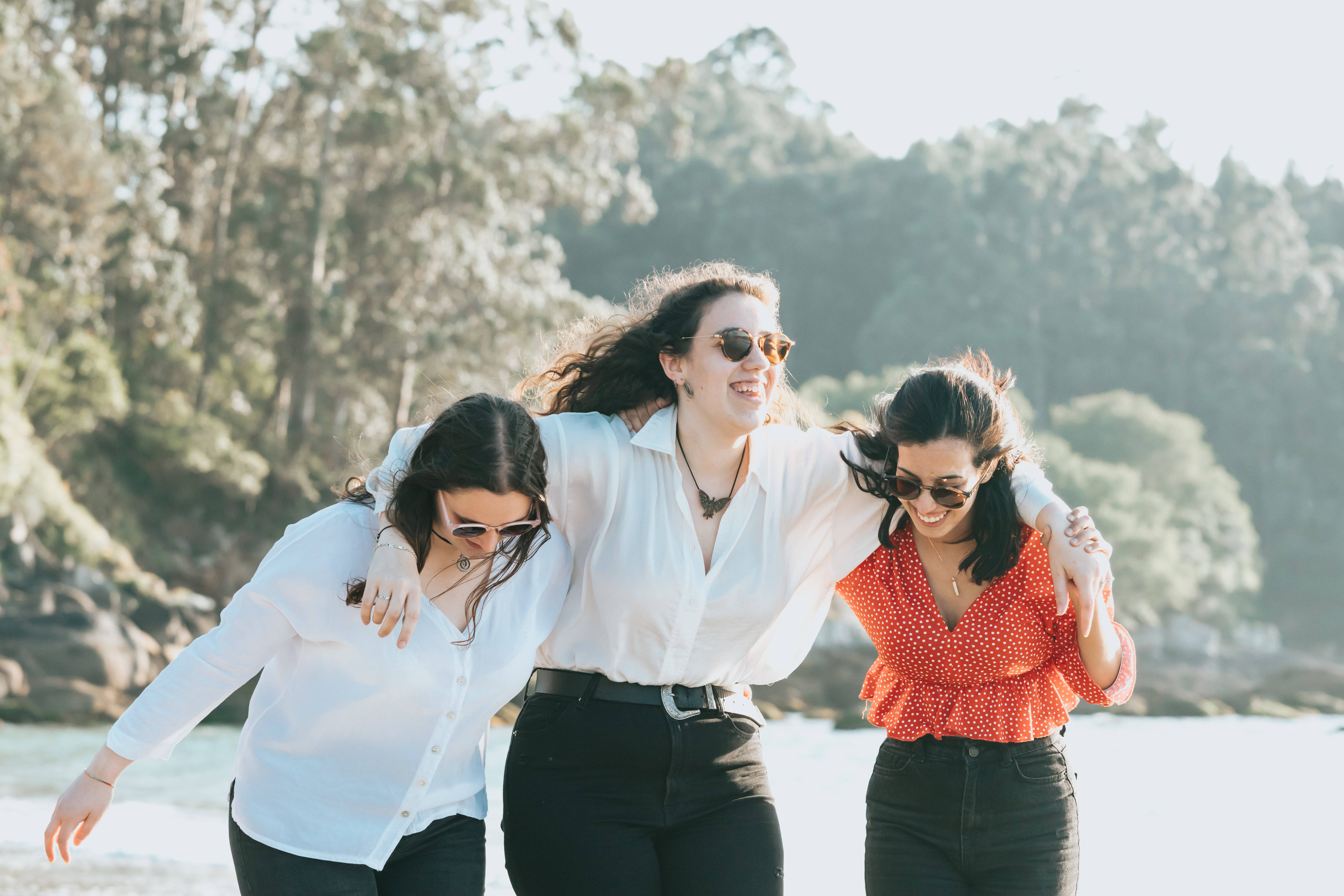 Friendship 桌布 壁紙 — 三位戴著太陽眼鏡的微笑女士，手挽手沿著陽光明媚的海灘笑著走，身後有樹木。