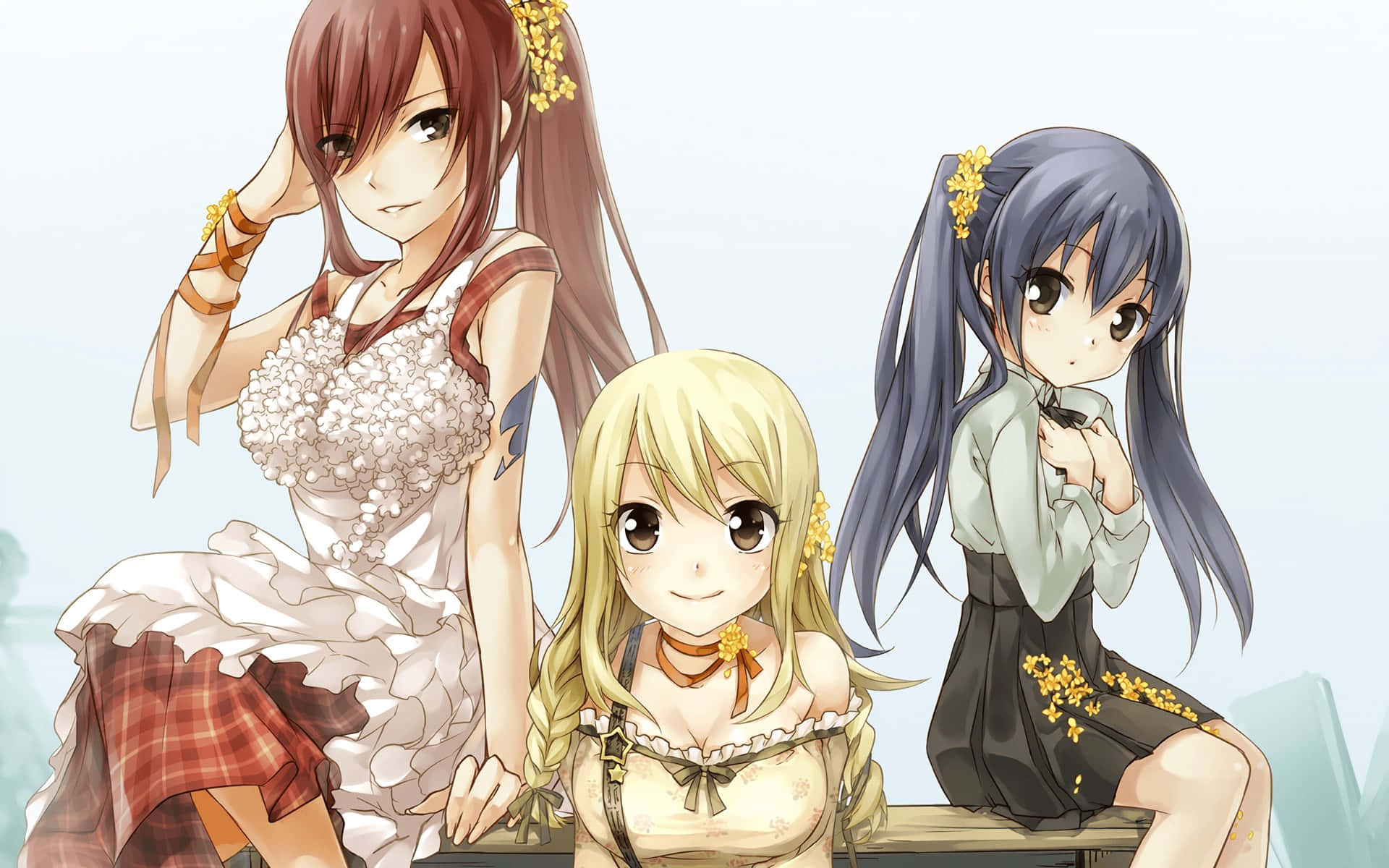 lucy heartfilia 桌布 壁紙 — 三位戴著花卉髮飾的動漫女孩一起坐在長椅上，背景是柔和的粉彩色。