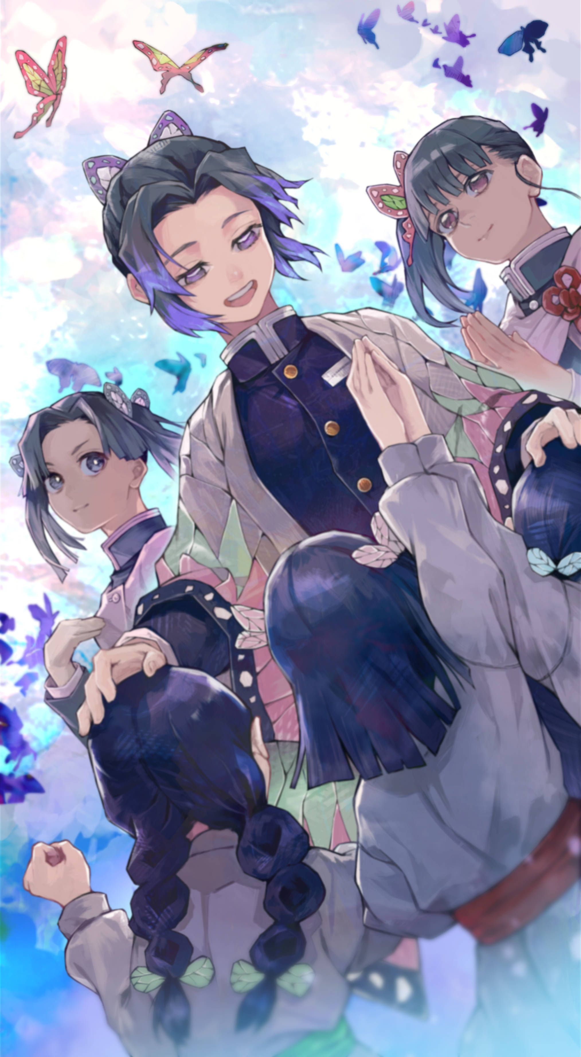 aoi kanzaki 桌布 壁紙 — 三位戴著貓耳和蝴蝶圖案的動漫女孩，在充滿翩翩蝴蝶的柔和粉彩天空下溫暖微笑。