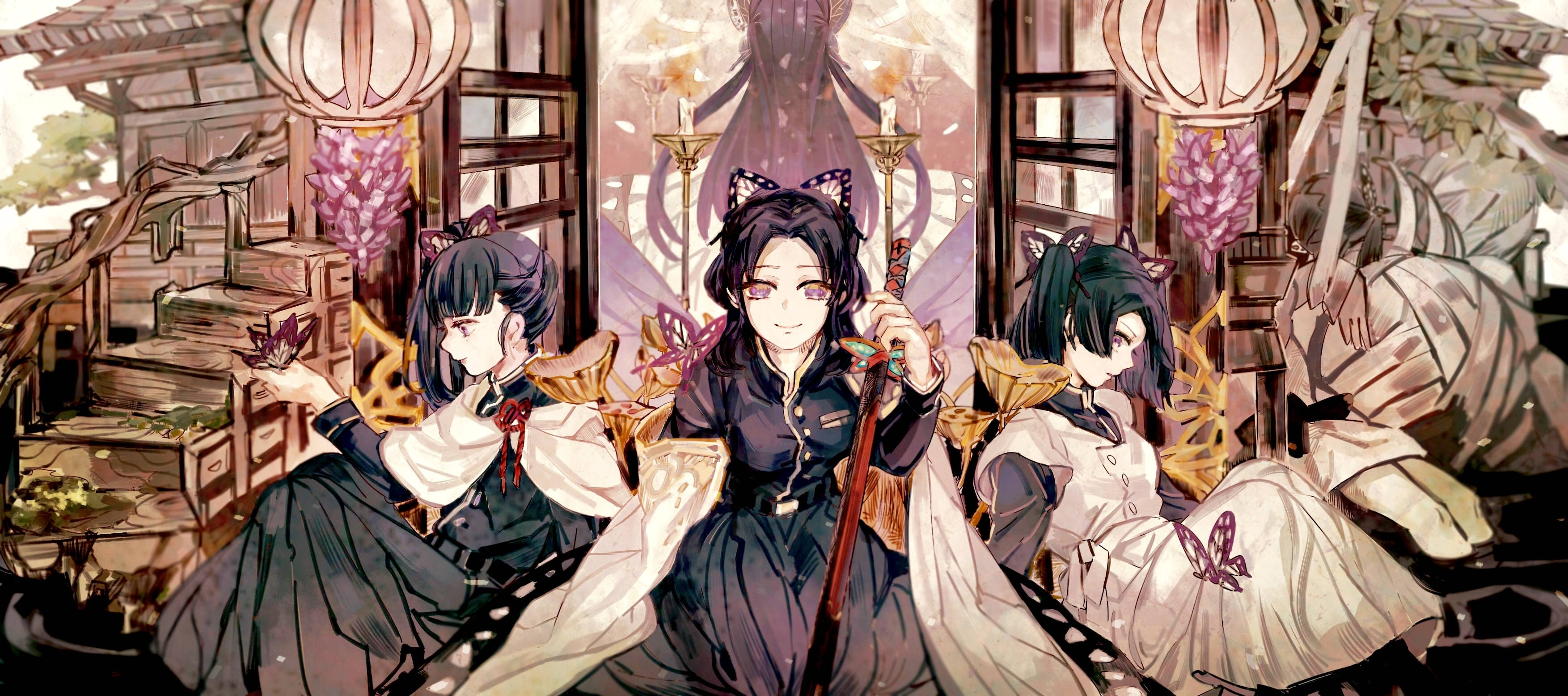 aoi kanzaki 桌布 壁紙 — 三位戴著貓耳的動漫少女優雅地坐在一個裝飾著燈籠和蝴蝶的傳統日式房間裡。