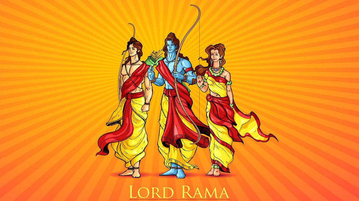 jai shri ram 桌布 壁紙 — 三位插圖中的印度教神祇身穿鮮豔的黃色和紅色長袍，站在燦爛的橙色太陽光芒背景前。