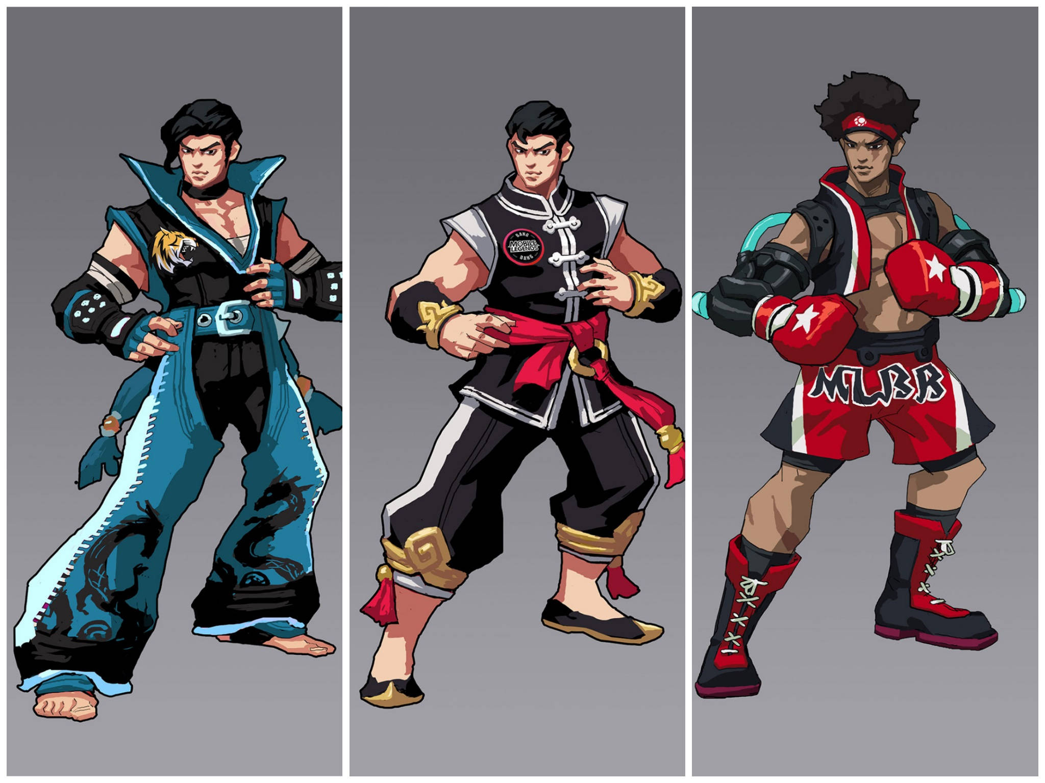Mobile Legends 動態圖 桌布 壁紙 — 三位插圖風格的武術家穿著不同的戰鬥服，在純灰色背景前自信地擺姿勢。