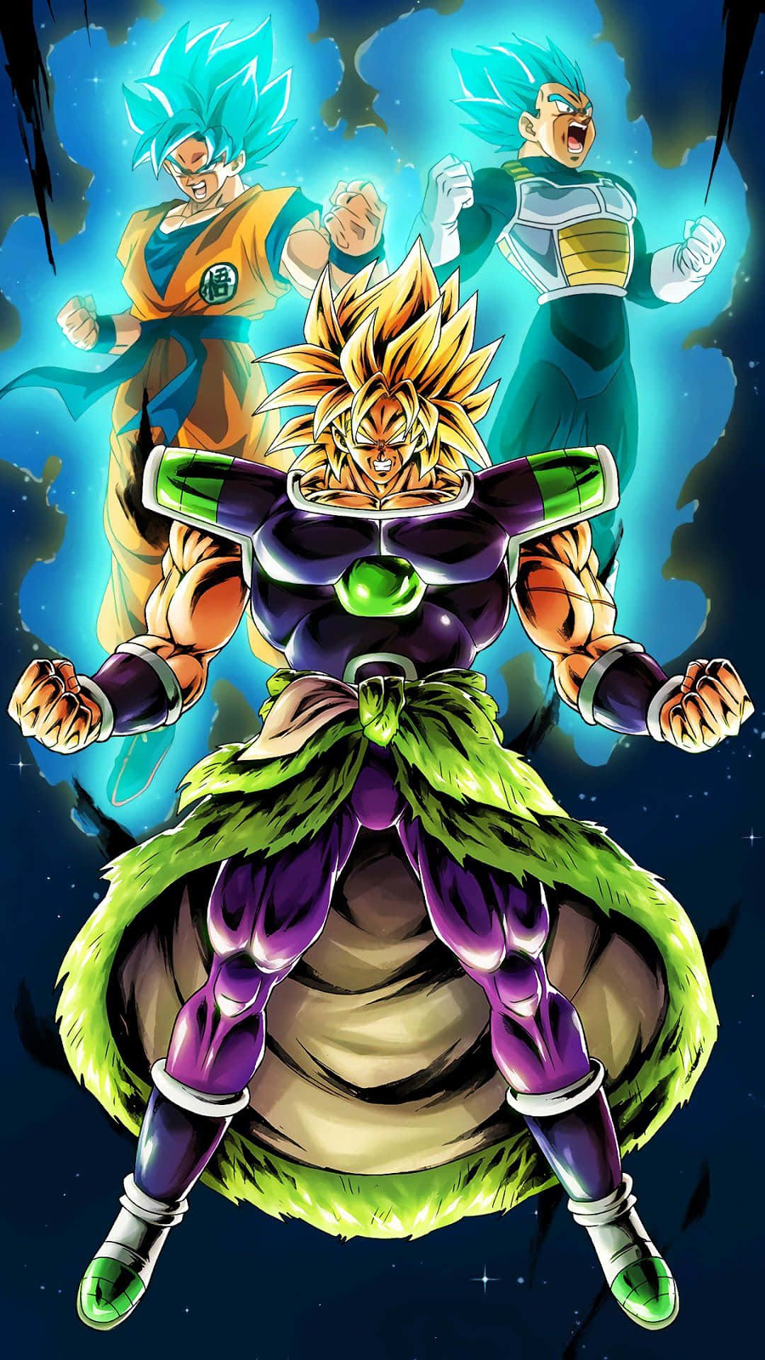 Dragon Ball Z Broly 桌布 壁紙 — 三位擁有尖刺頭髮和發光光環的強大動漫戰士在宇宙星空中戰鬥。