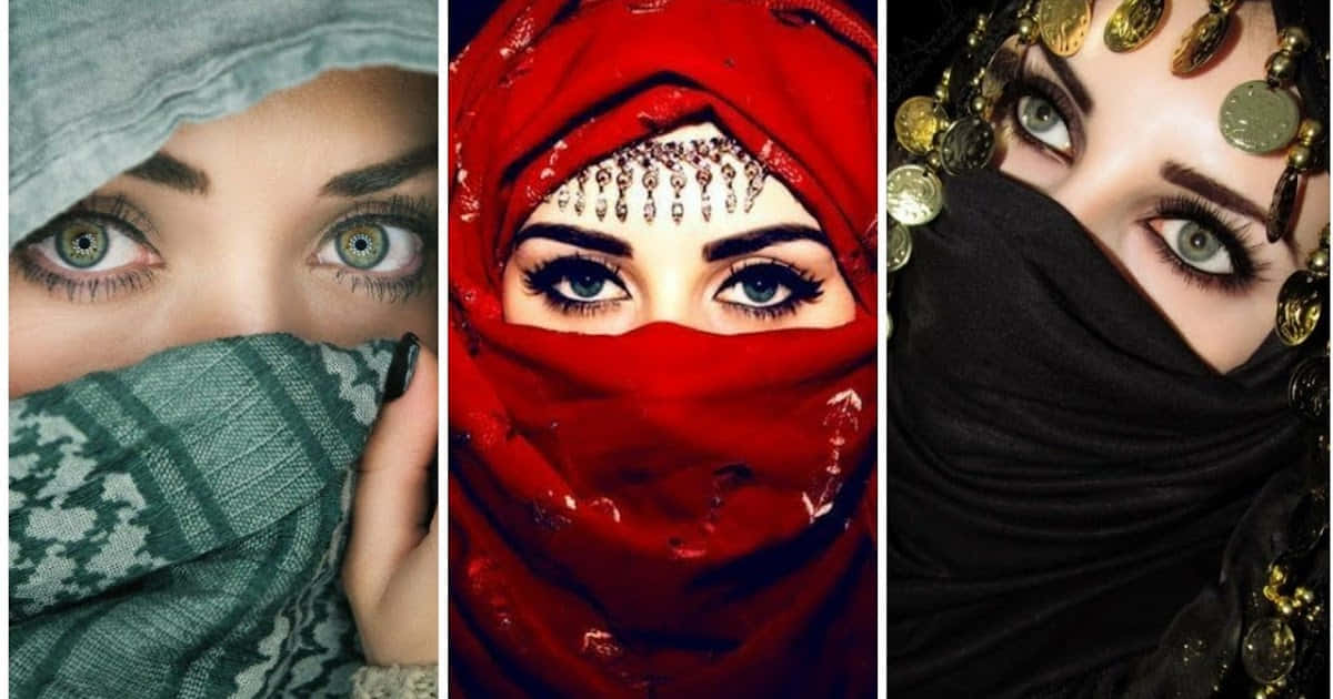 muslim 桌布 壁紙 — 三位擁有引人注目綠色眼睛的女性，戴著色彩繽紛的面紗和華麗頭飾的特寫肖像。