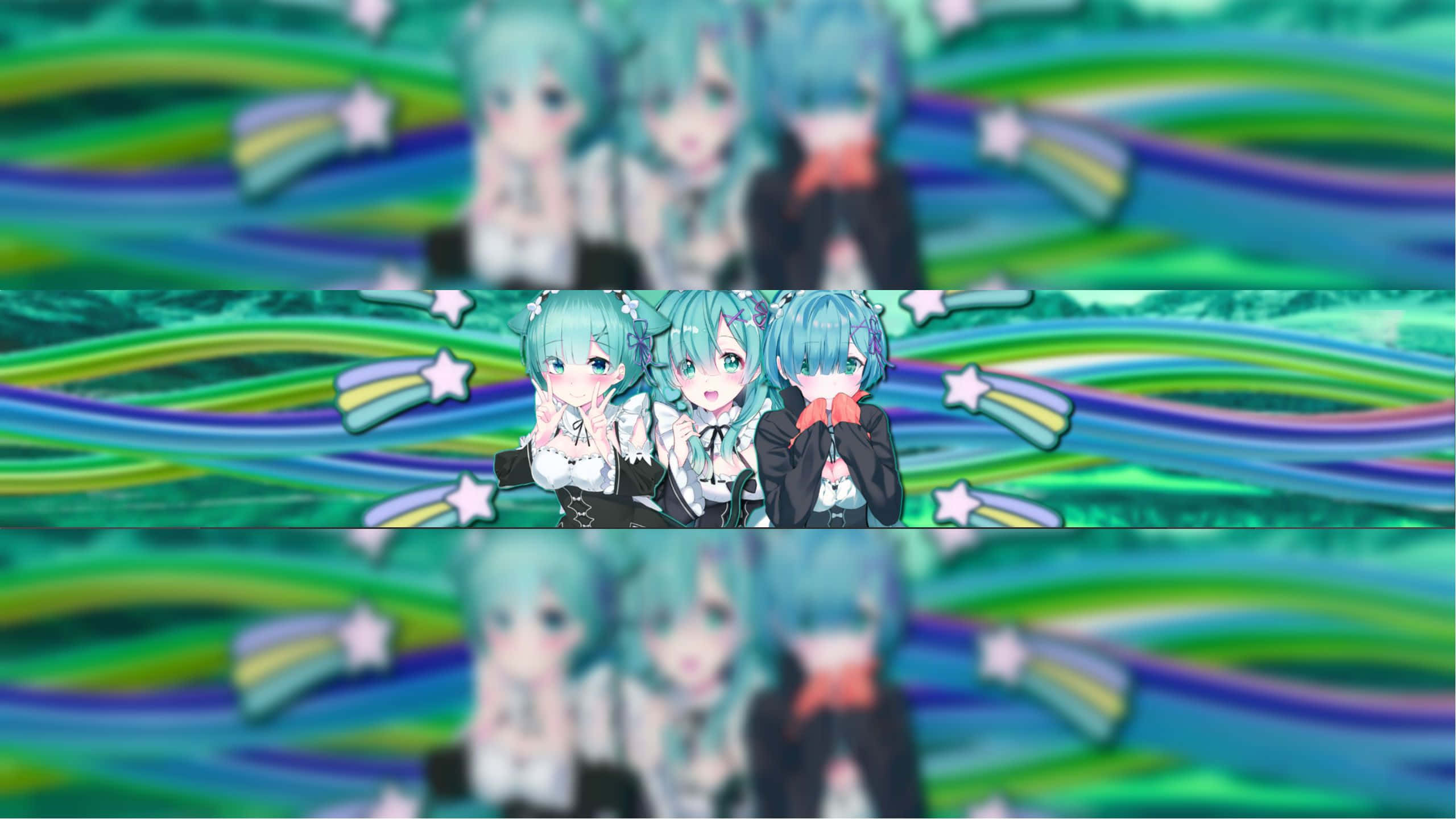 Aesthetic YouTube Banner 桌布 壁紙 — 三位擁有青綠色頭髮的動漫女孩在充滿活力的彩虹漩渦背景前，伴隨著閃爍星星，愉快地擺姿勢。