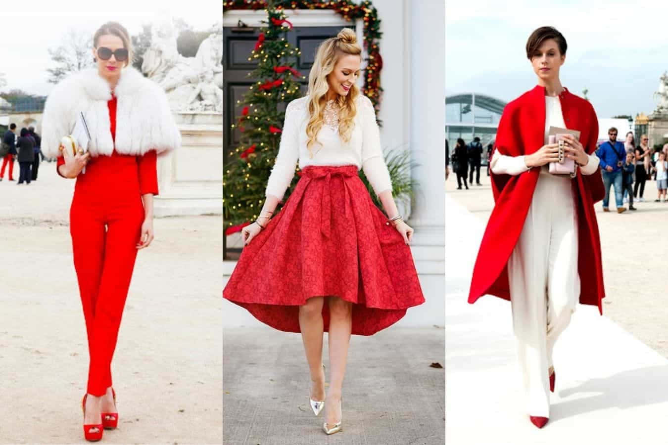 Red Clothing 桌布 壁紙 — 三位時尚女性穿著節日紅色服裝，在冬季假期期間於裝飾聖誕樹和雕像附近戶外擺姿勢。
