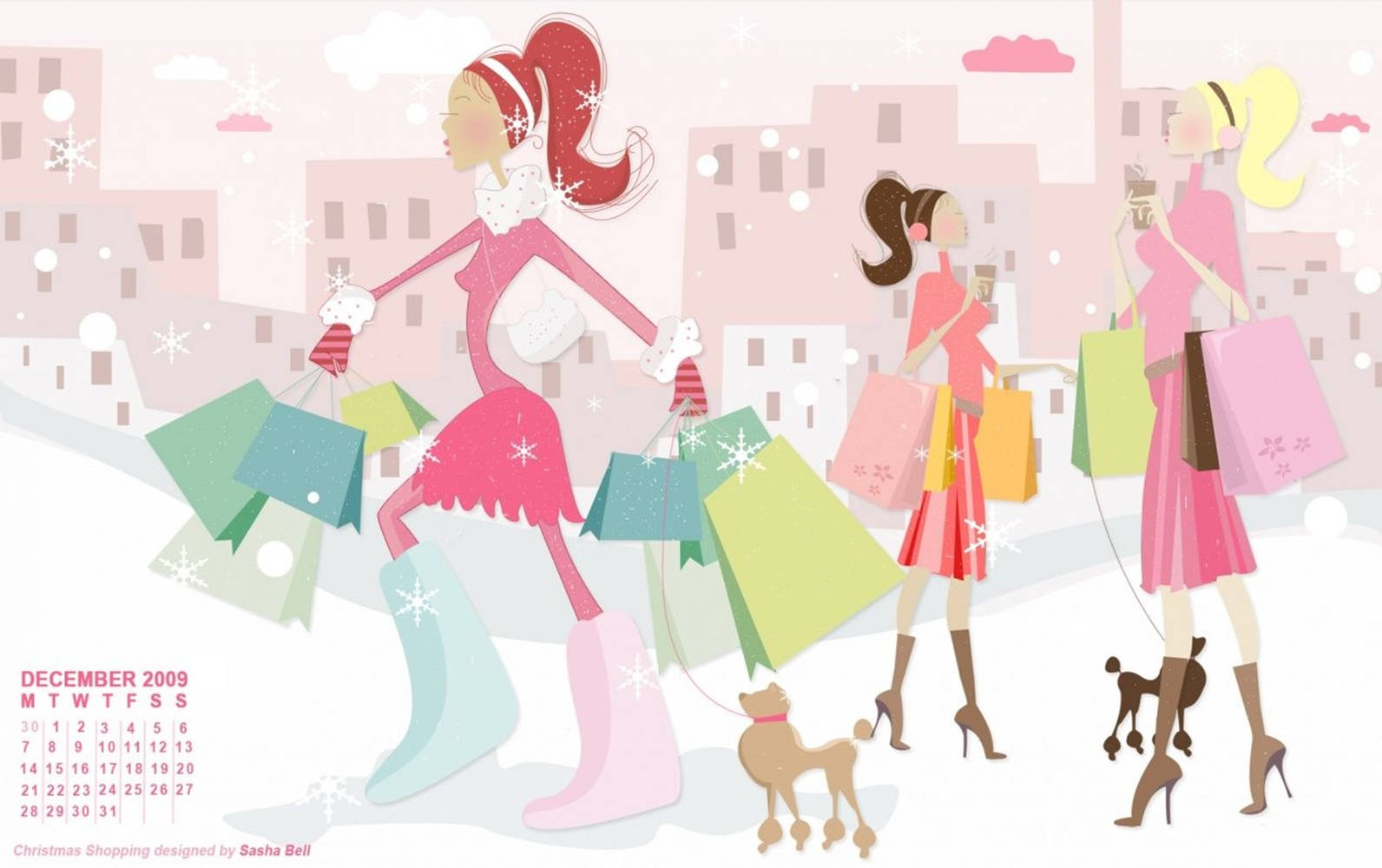 Shopping 桌布 壁紙 — 三位時尚女性穿著粉紅色冬季服裝，在雪景城市中愉快地購物，帶著色彩繽紛的袋子和一隻貴賓犬。