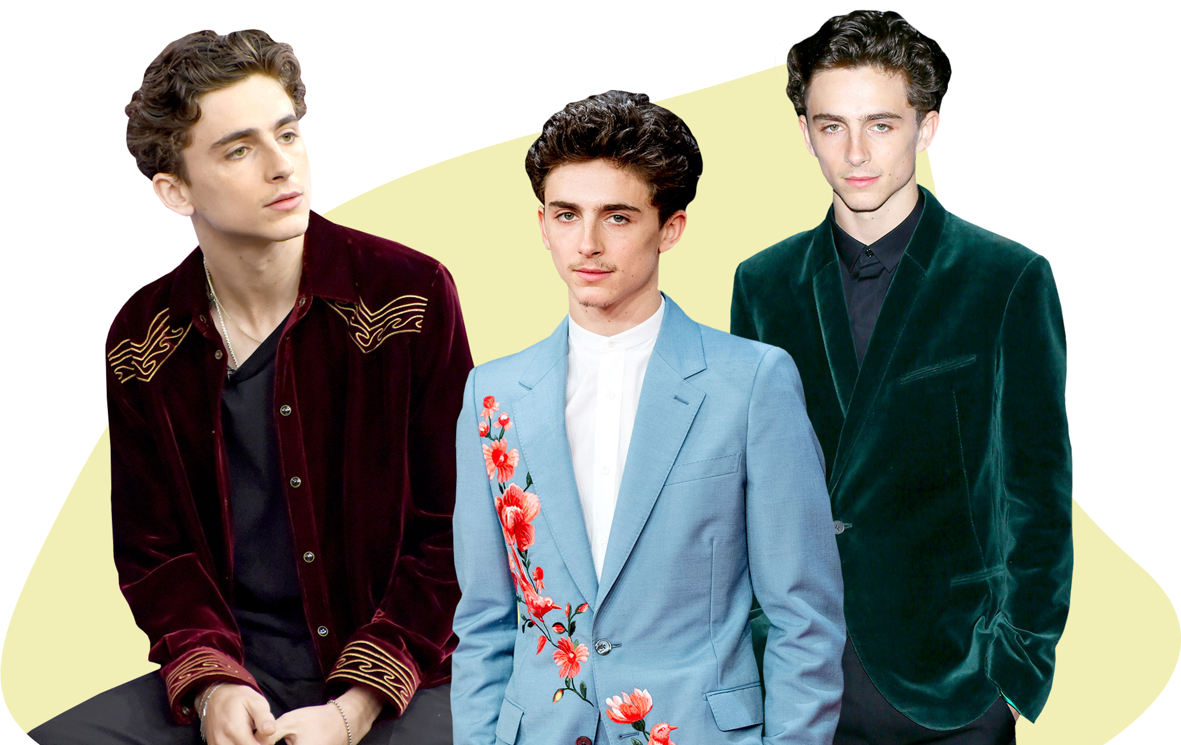 Mens Fashion 桌布 壁紙 — 三位時尚年輕男士身穿天鵝絨和花卉西裝，在鮮明的黑色和奶油色幾何背景前自信地擺姿勢。