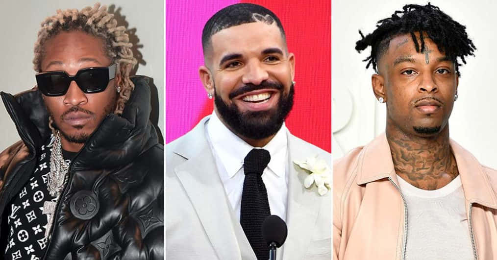 21 Savage 桌布 壁紙 — 三位時尚男明星自信地擺出姿勢，穿著不同的服裝，背景色彩繽紛。