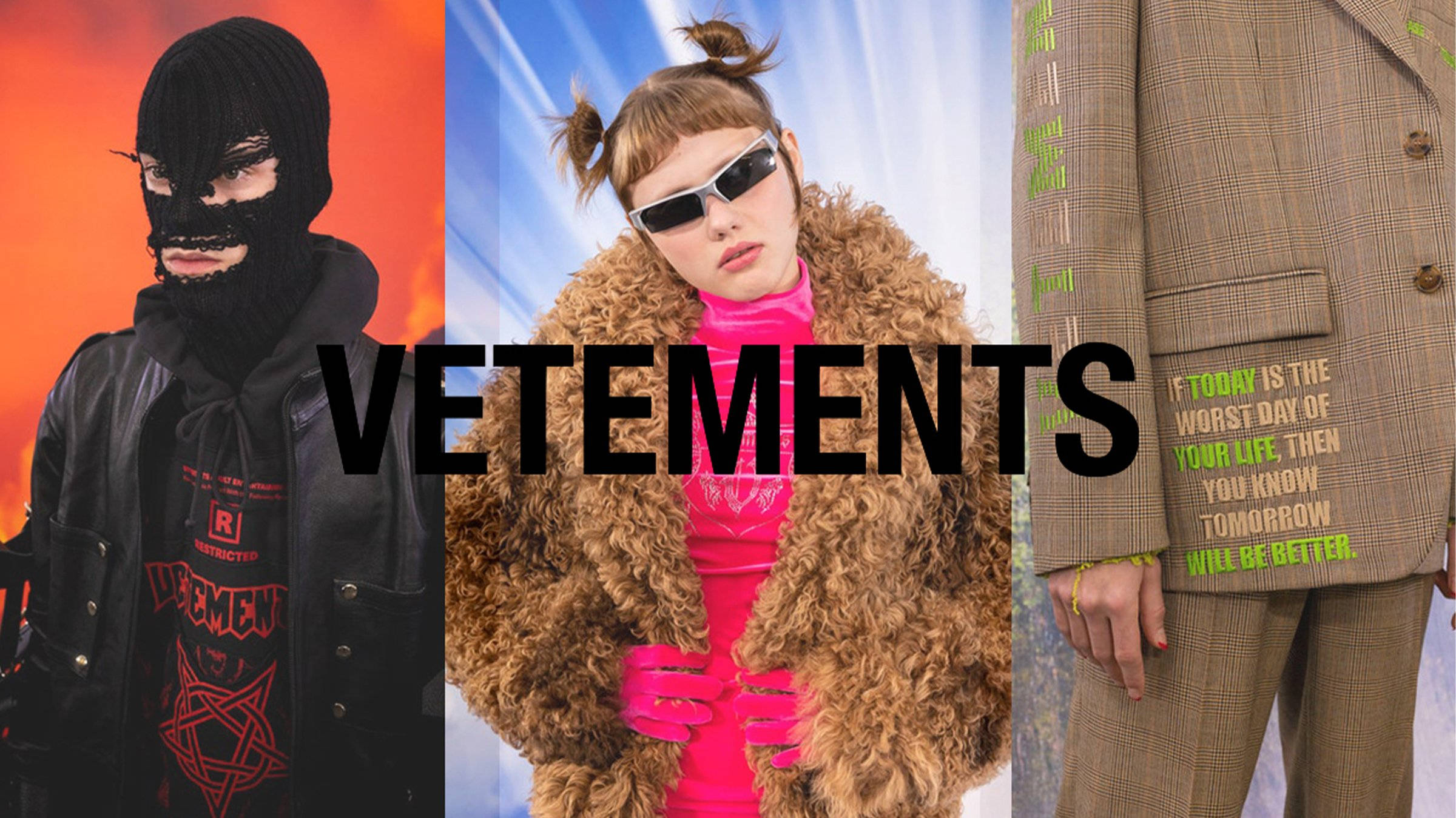 Vetements 桌布 壁紙 — 三位時裝模特兒穿著大膽的Vetements服裝，在充滿活力的背景前擺姿勢，並帶有文字疊加。