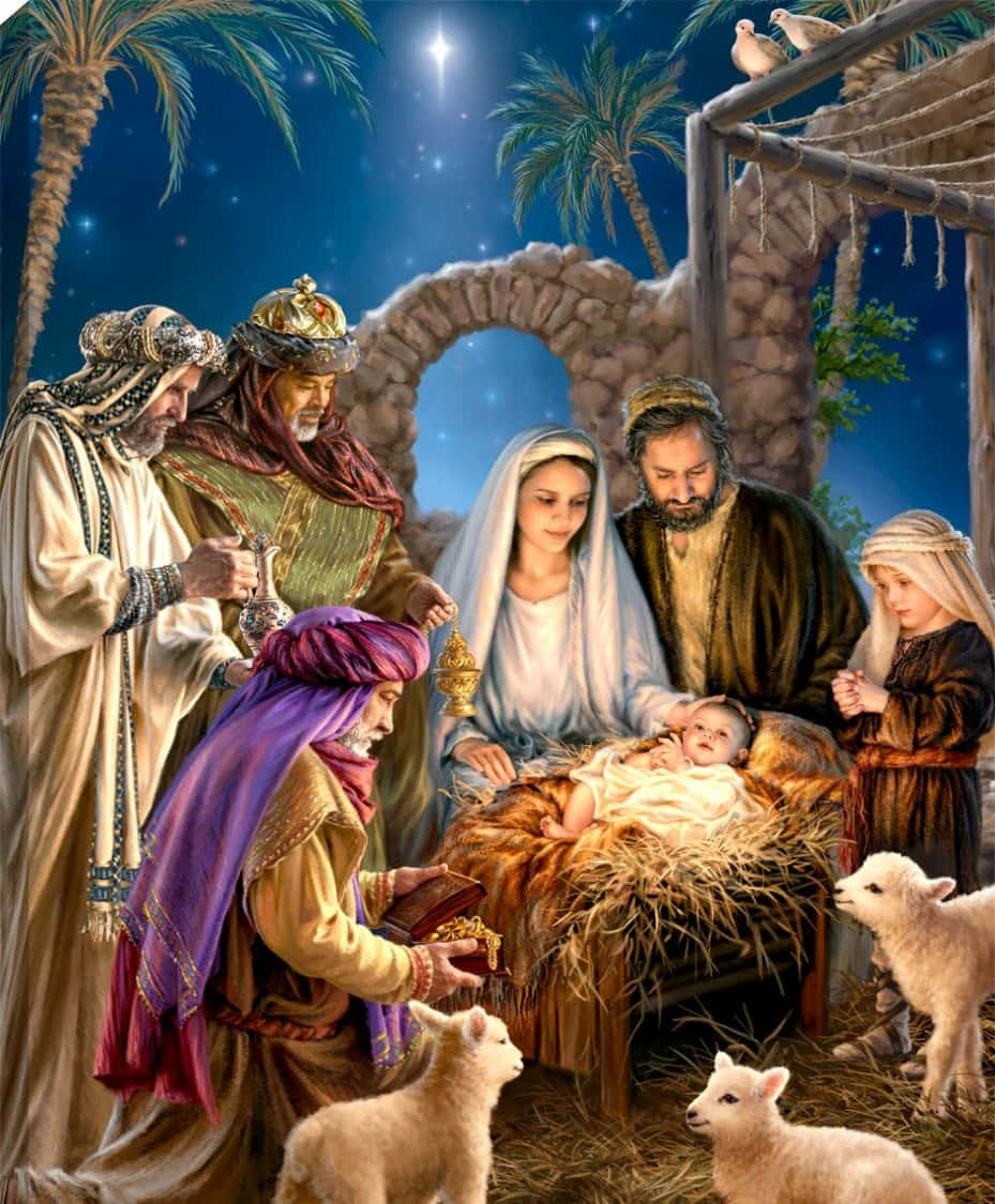Nativity 桌布 壁紙 — 三位智者在星空下的馬槽中向嬰兒耶穌獻上禮物，周圍有棕櫚樹和羔羊。