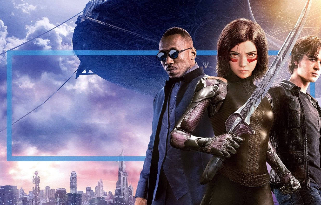 Alita Battle Angel 桌布 壁紙 — 三位未來英雄站在城市天際線前，夕陽下有一艘巨大的飛船籠罩在上空。