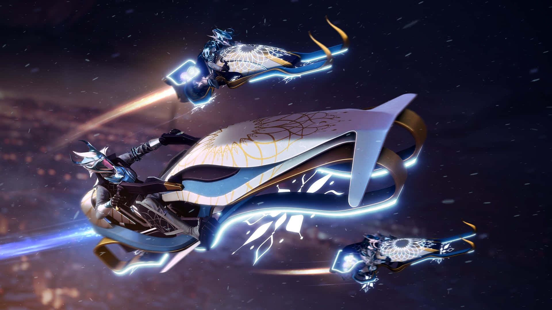 Best Destiny 2 桌布 壁紙 — 三位未來風格的噴射背包騎士在星空夜空中翱翔，身後留下發光的藍色軌跡。