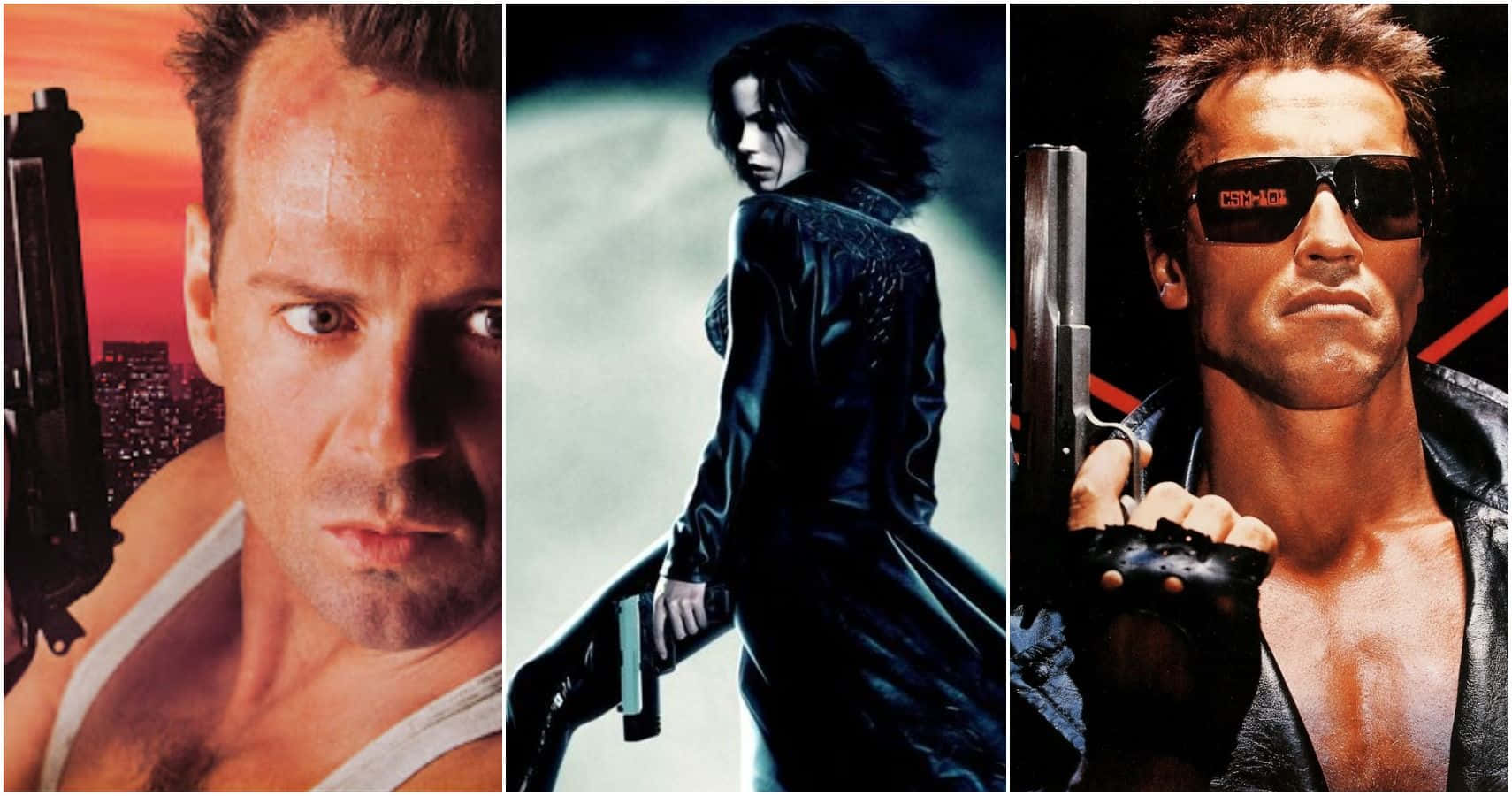 Action Movie 桌布 壁紙 — 三位標誌性動作英雄以戲劇性姿勢持槍，背景是鮮明的城市景觀和黑暗天空。