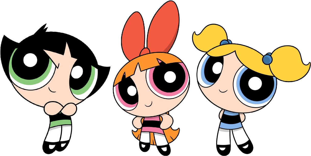 Powerpuff Girls 桌布 壁紙 — 三位標誌性卡通女主角，擁有超大眼睛和獨特彩色頭髮，自信地站在黑色背景前。