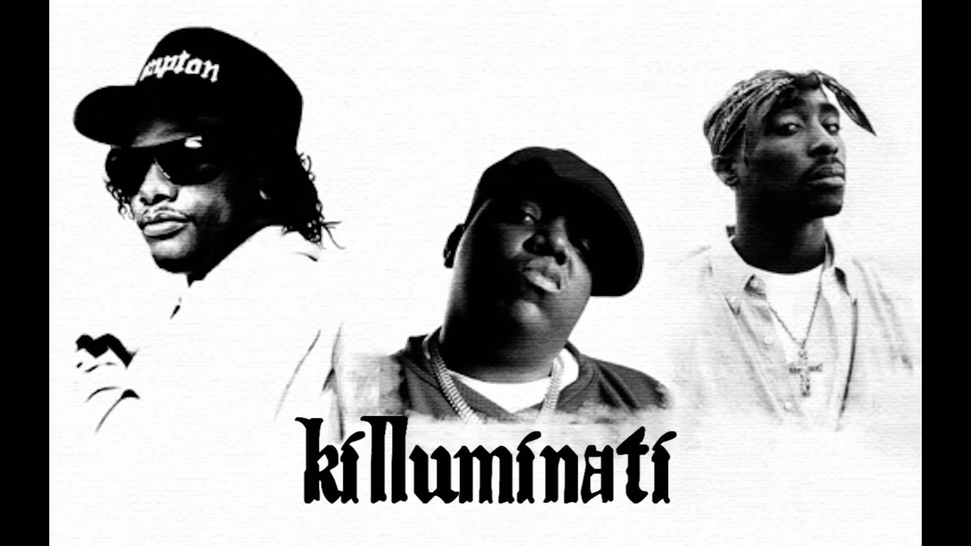三位嘻哈藝術家的黑白圖像，帶有「killuminati」文字。
