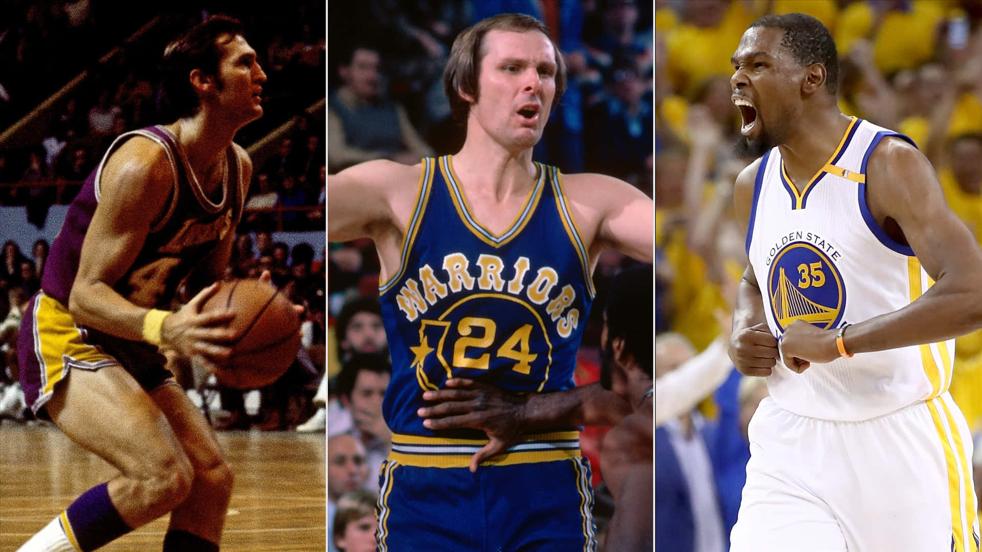 NBA 桌布 壁紙 — 三位標誌性籃球運動員以動作姿勢穿著復古和現代的 Golden State Warriors 球衣。