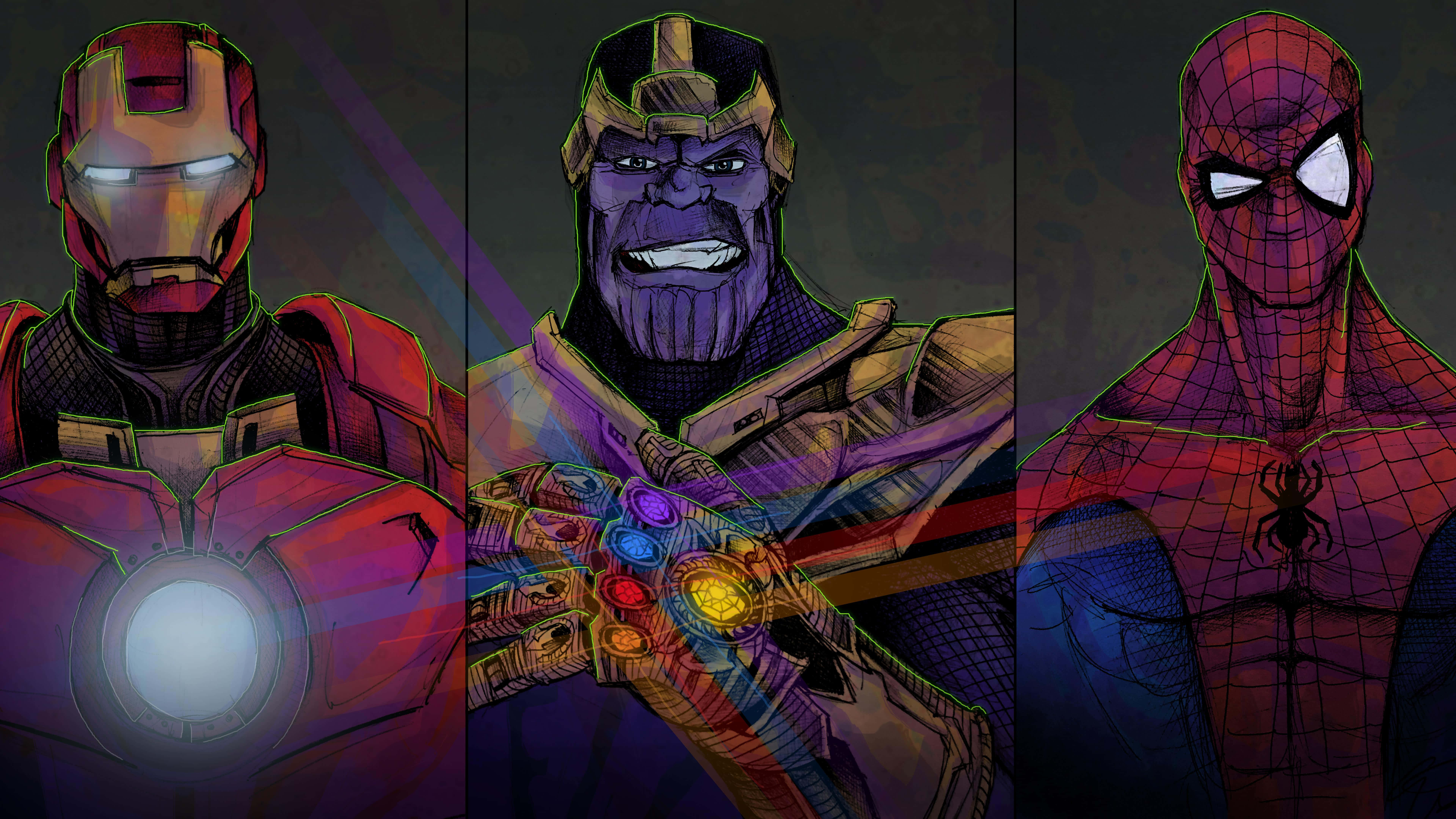 Iron Man Vs Thanos 桌布 壁紙 — 三位標誌性超級英雄鋼鐵人、薩諾斯和蜘蛛人並肩站立在風格化的漫畫插圖中，帶有發光輪廓和戲劇性燈光。