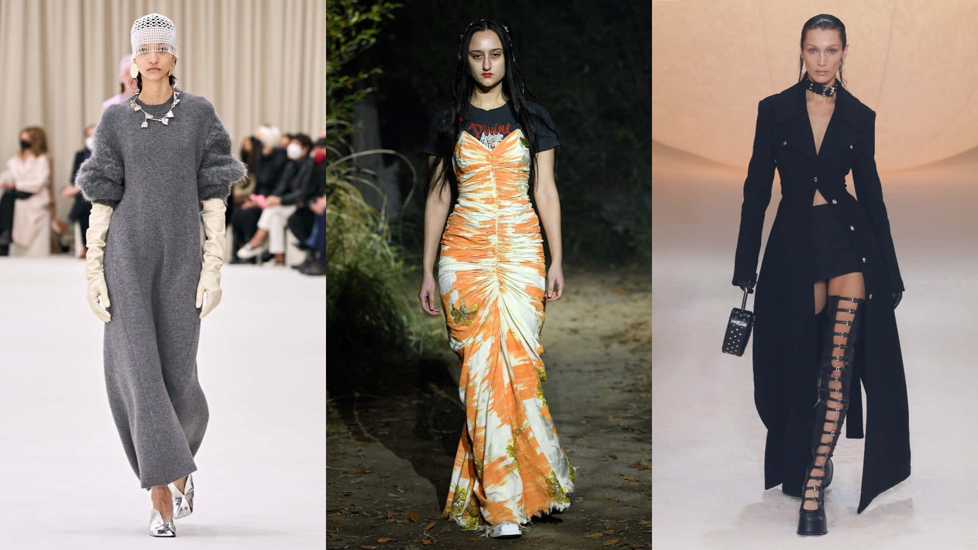Runway 桌布 壁紙 — 三位模特兒在時裝伸展台上展示前衛時尚，包括超大針織衫、充滿活力的橙色紮染長袍，以及搭配過膝長靴的黑色鏤空外套等戲劇性造型。