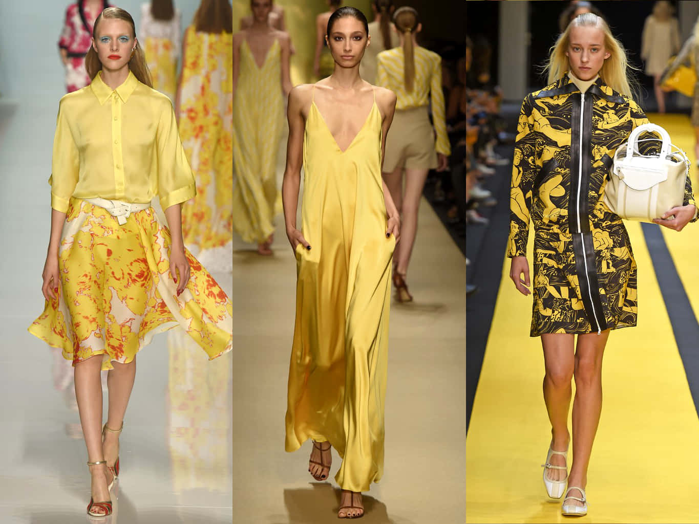 Yellow Fashion 桌布 壁紙 — 三位模特兒在時裝伸展台上穿著大膽的黃色服裝，從花卉裙到時尚連衣裙和圖案外套。