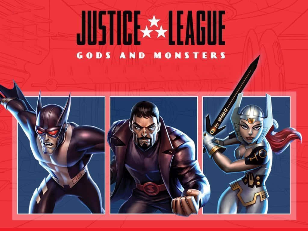 Justice League Gods And Monsters 桌布 壁紙 — 三位正義聯盟英雄以動態姿勢站在大膽的紅色背景前，並帶有標題文字。