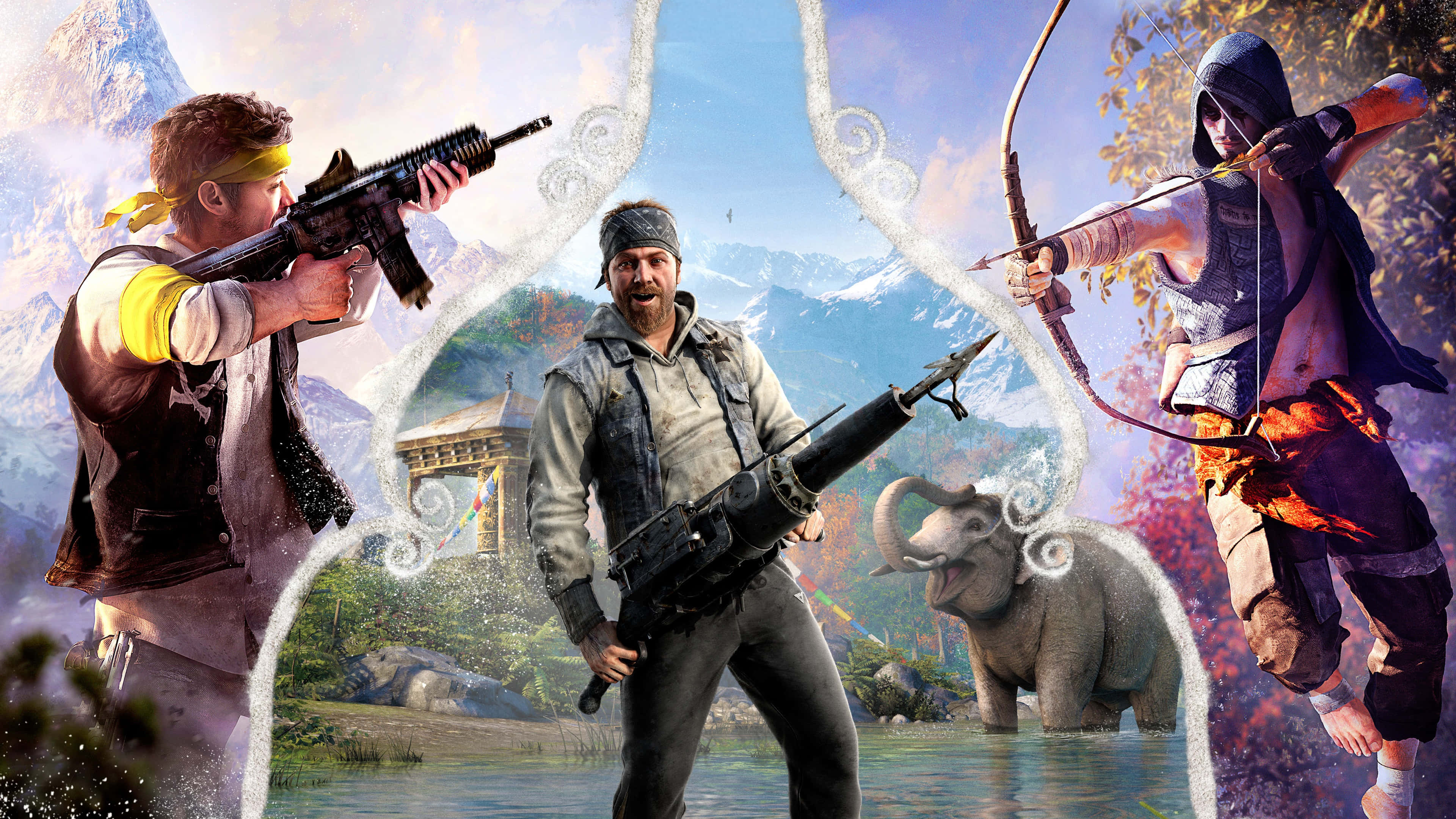 Far Cry 桌布 壁紙 — 三位武裝冒險家身處充滿活力的奇幻景觀，伴隨大象和華麗拱門。